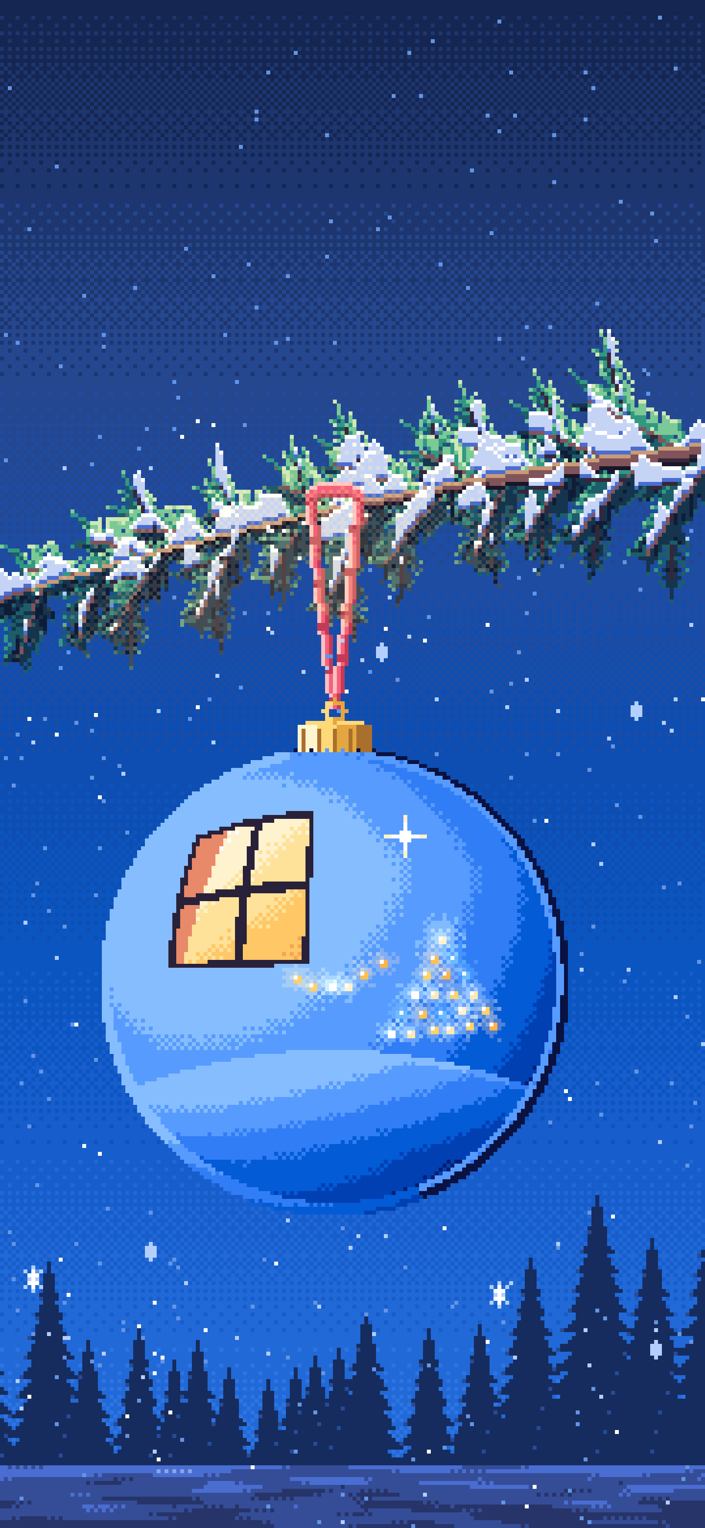 Blue Pixel Art Glass Christmas Ornament on a Snowy Bough wallpaper for iPhone and Android