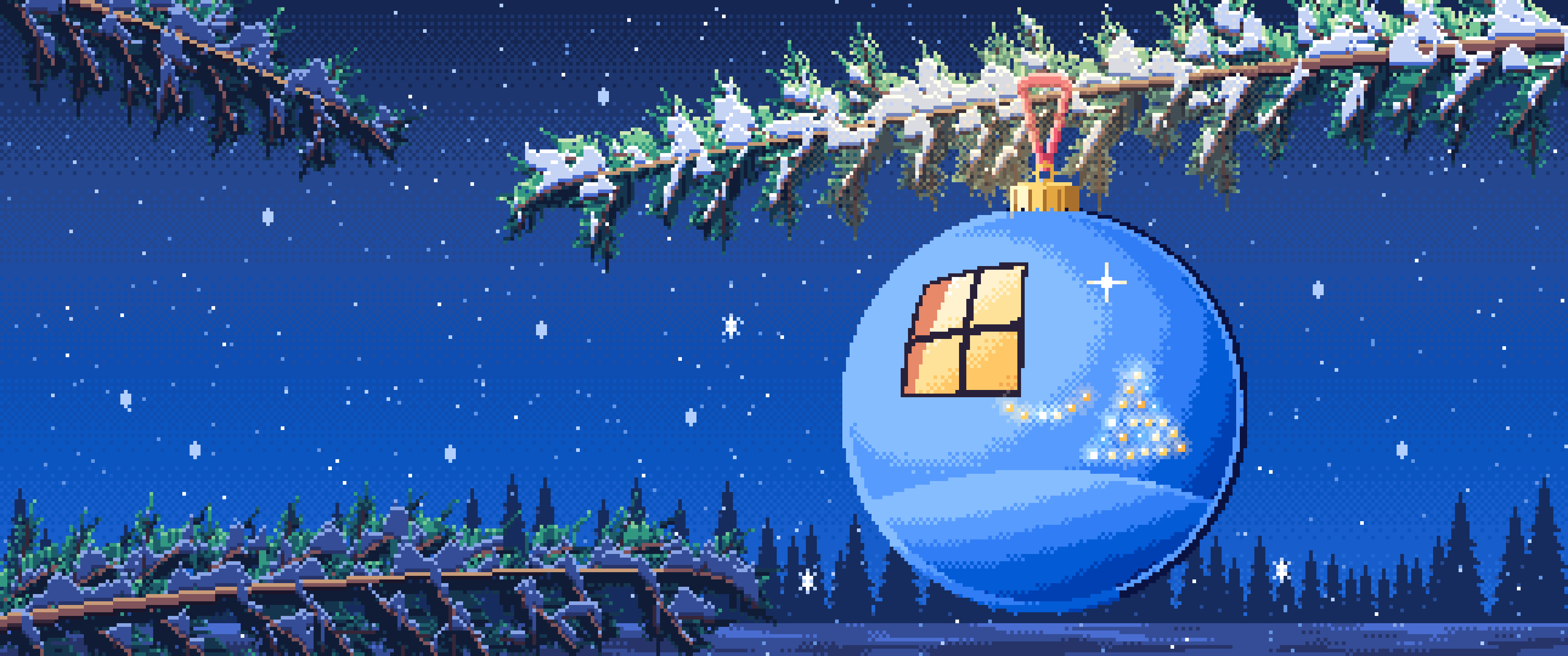 Blue Pixel Art Glass Christmas Ornament on a Snowy Bough ultrawide wallpaper, 3440 × 1440