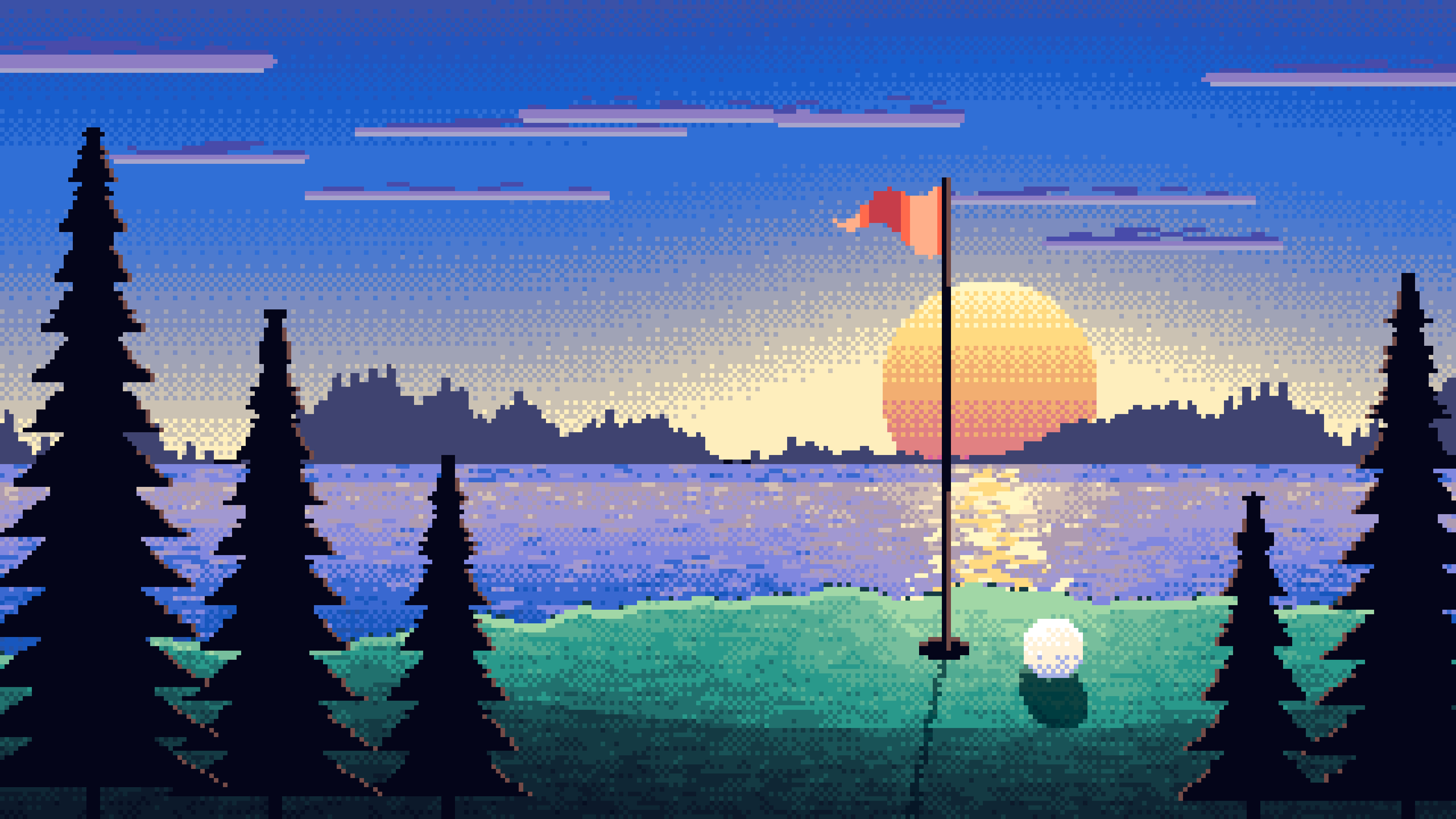 Blue Pixel Art Golf Course at Sunset desktop wallpaper in 4K