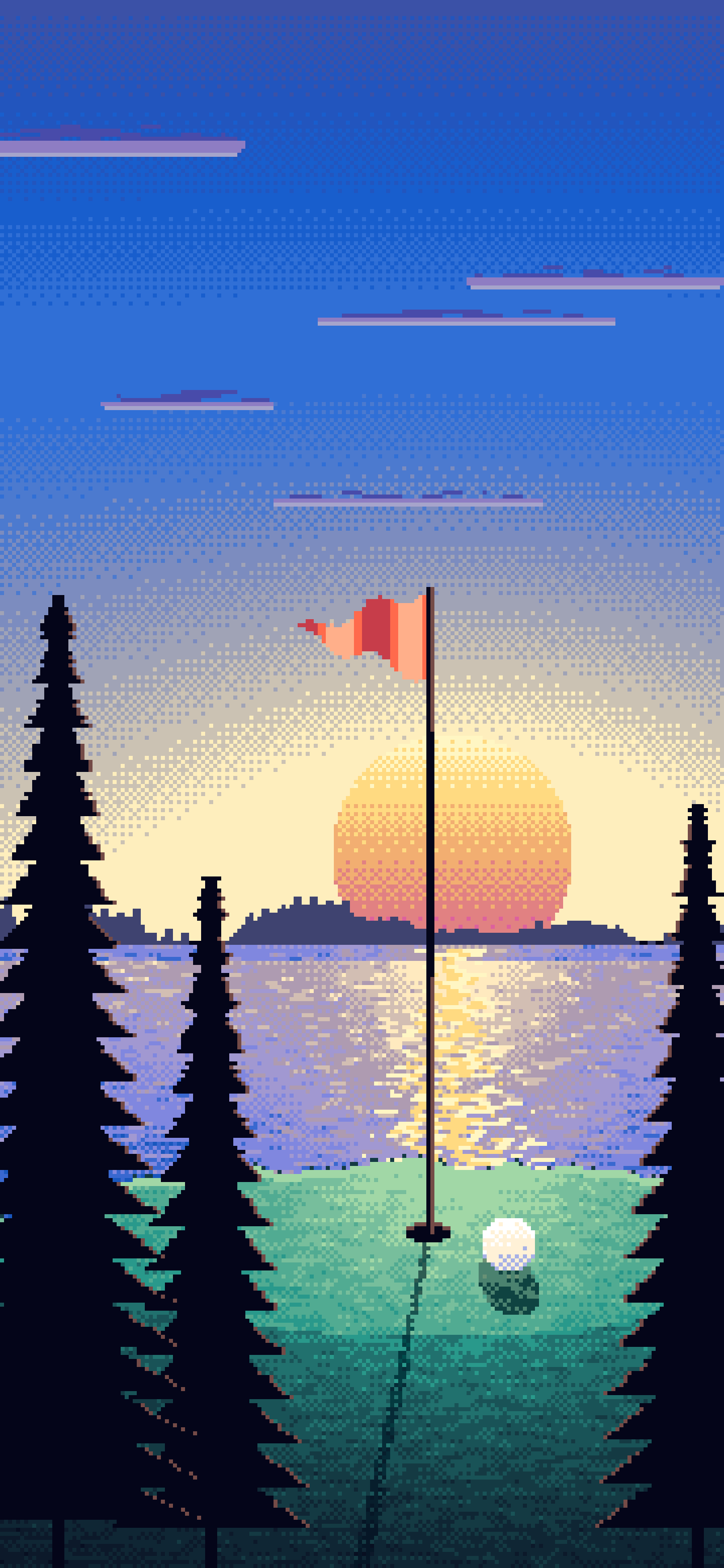 Blue Pixel Art Golf Course at Sunset wallpaper for iPhone and Android