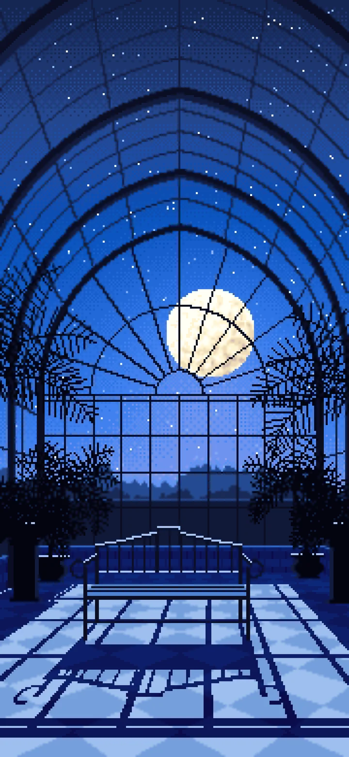 Blue Pixel Art Gothic Greenhouse at Night wallpaper for iPhone and Android
