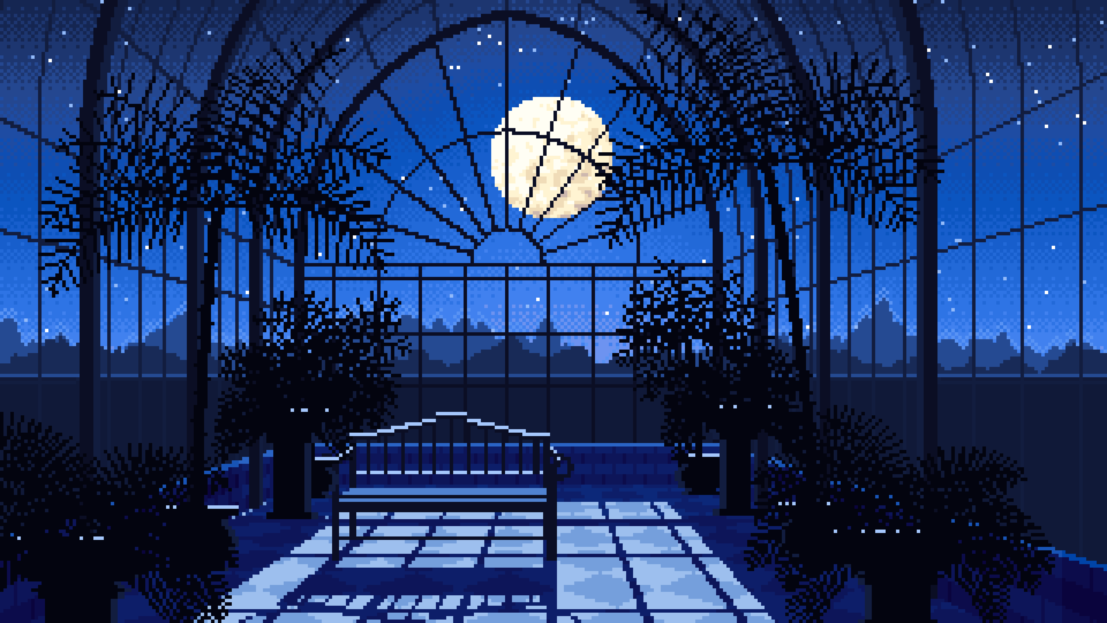 Blue Pixel Art Gothic Greenhouse at Night desktop wallpaper in 4K
