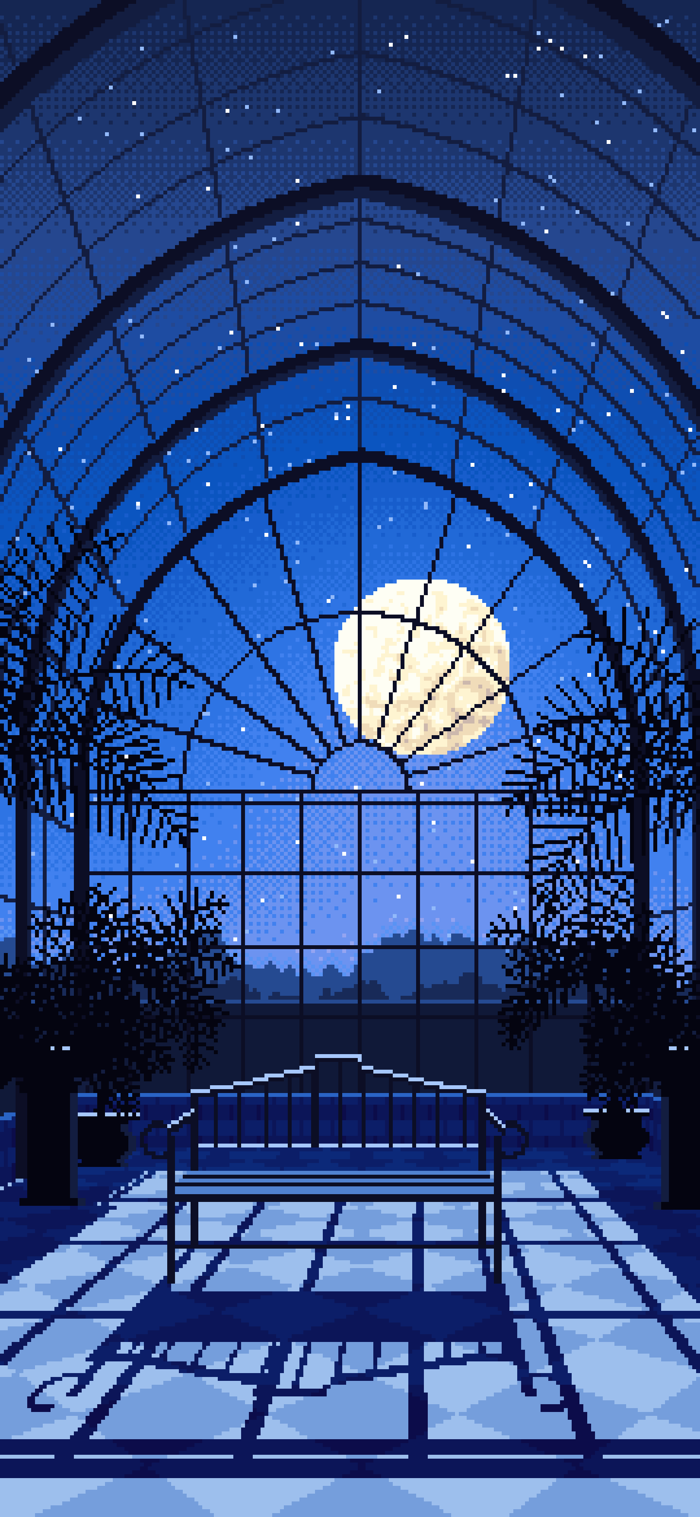 Blue Pixel Art Gothic Greenhouse at Night wallpaper for iPhone and Android
