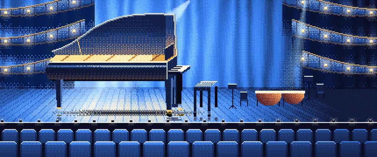 Blue Pixel Art Grand Piano on a Concert Stage ultrawide wallpaper, 3440 × 1440