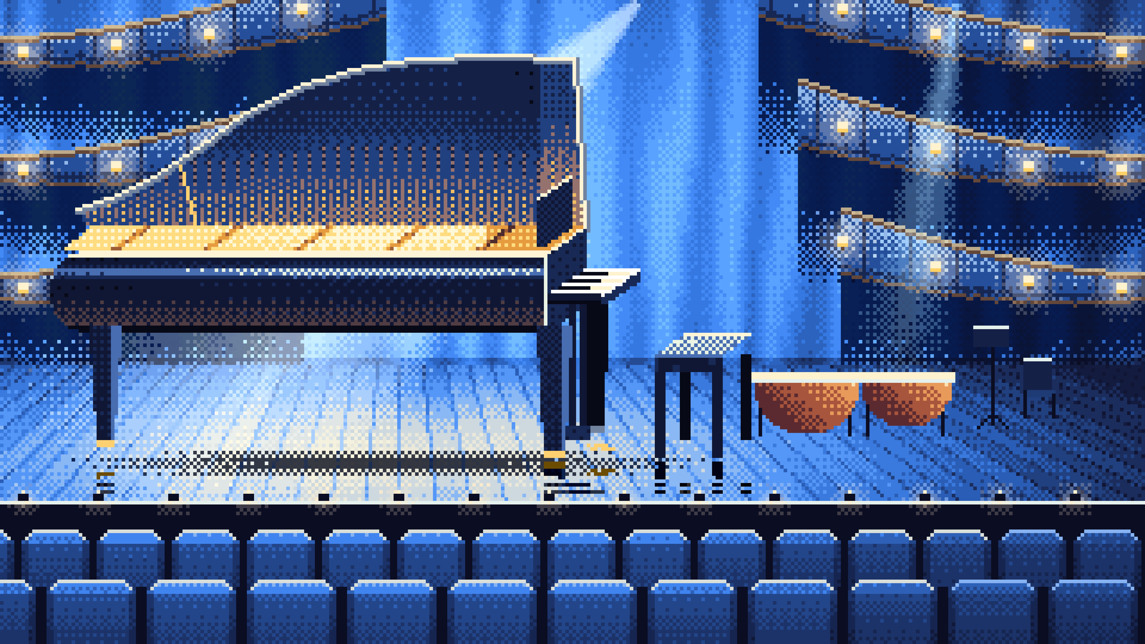Blue Pixel Art Grand Piano on a Concert Stage desktop wallpaper in 4K
