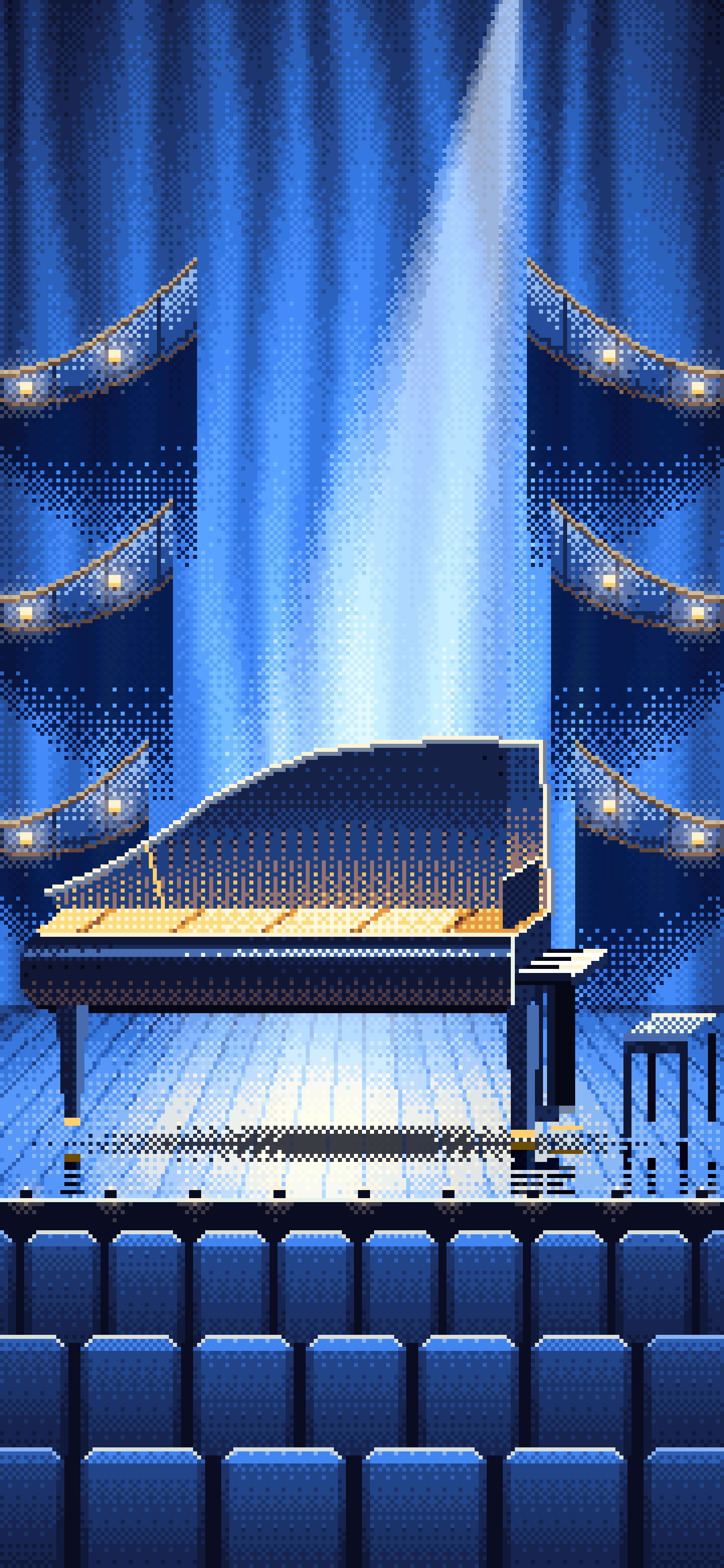 Blue Pixel Art Grand Piano on a Concert Stage wallpaper for iPhone and Android