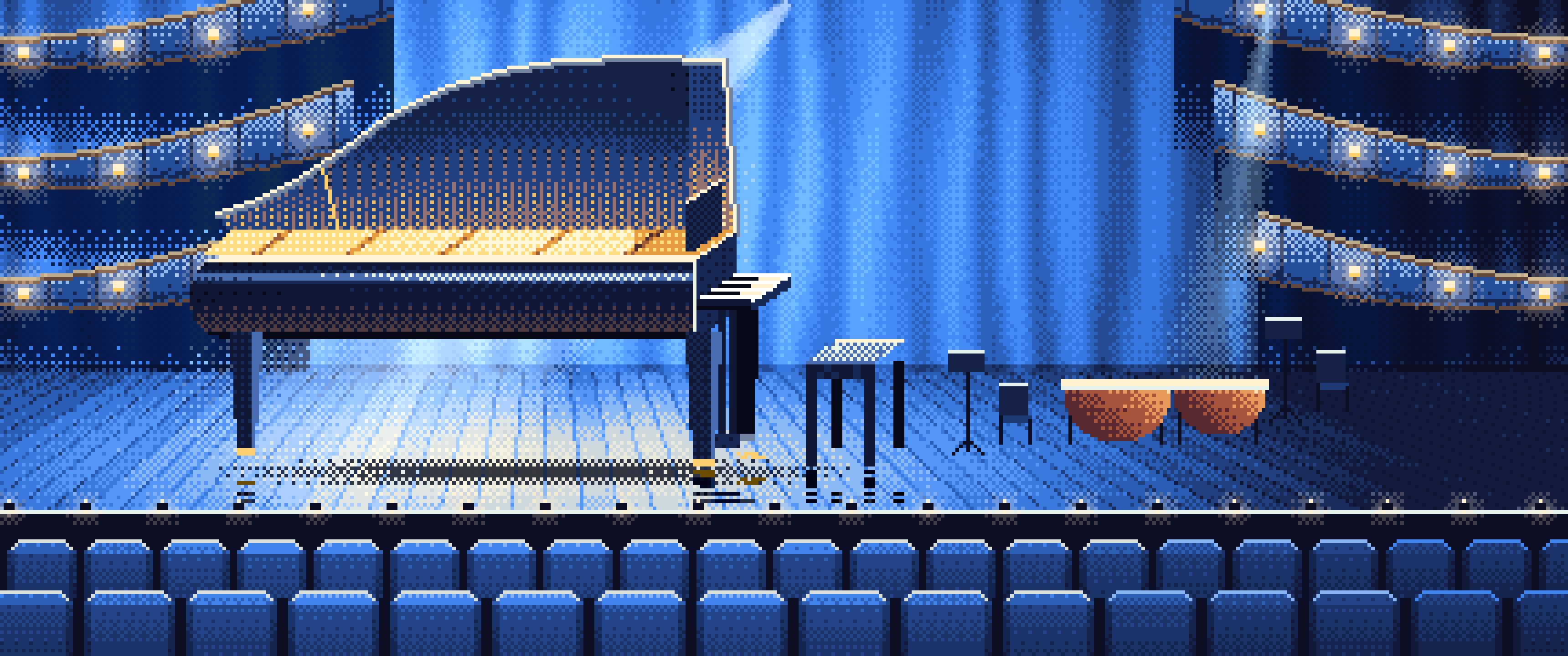 Blue Pixel Art Grand Piano on a Concert Stage ultrawide wallpaper, 3440 × 1440