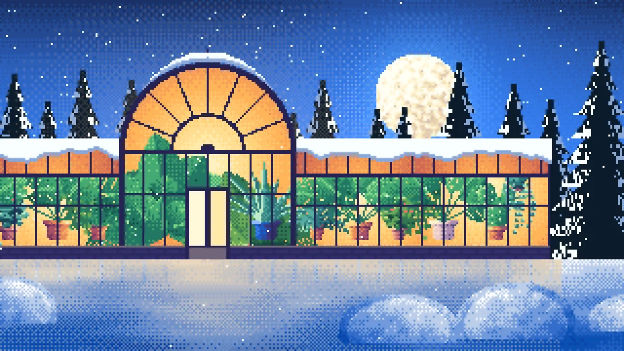 Blue Pixel Art Greenhouse in a Snowy Garden desktop wallpaper in 4K