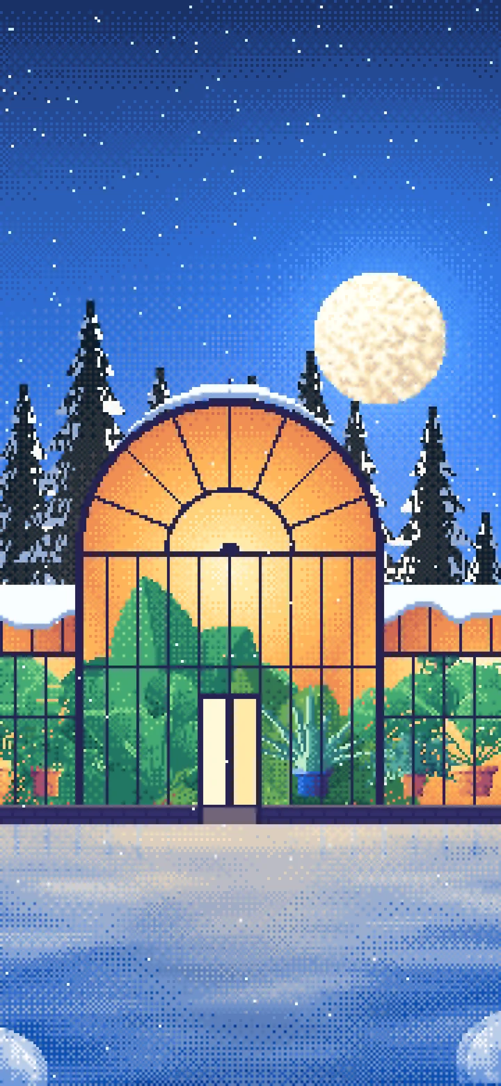 Blue Pixel Art Greenhouse in a Snowy Garden wallpaper for iPhone and Android