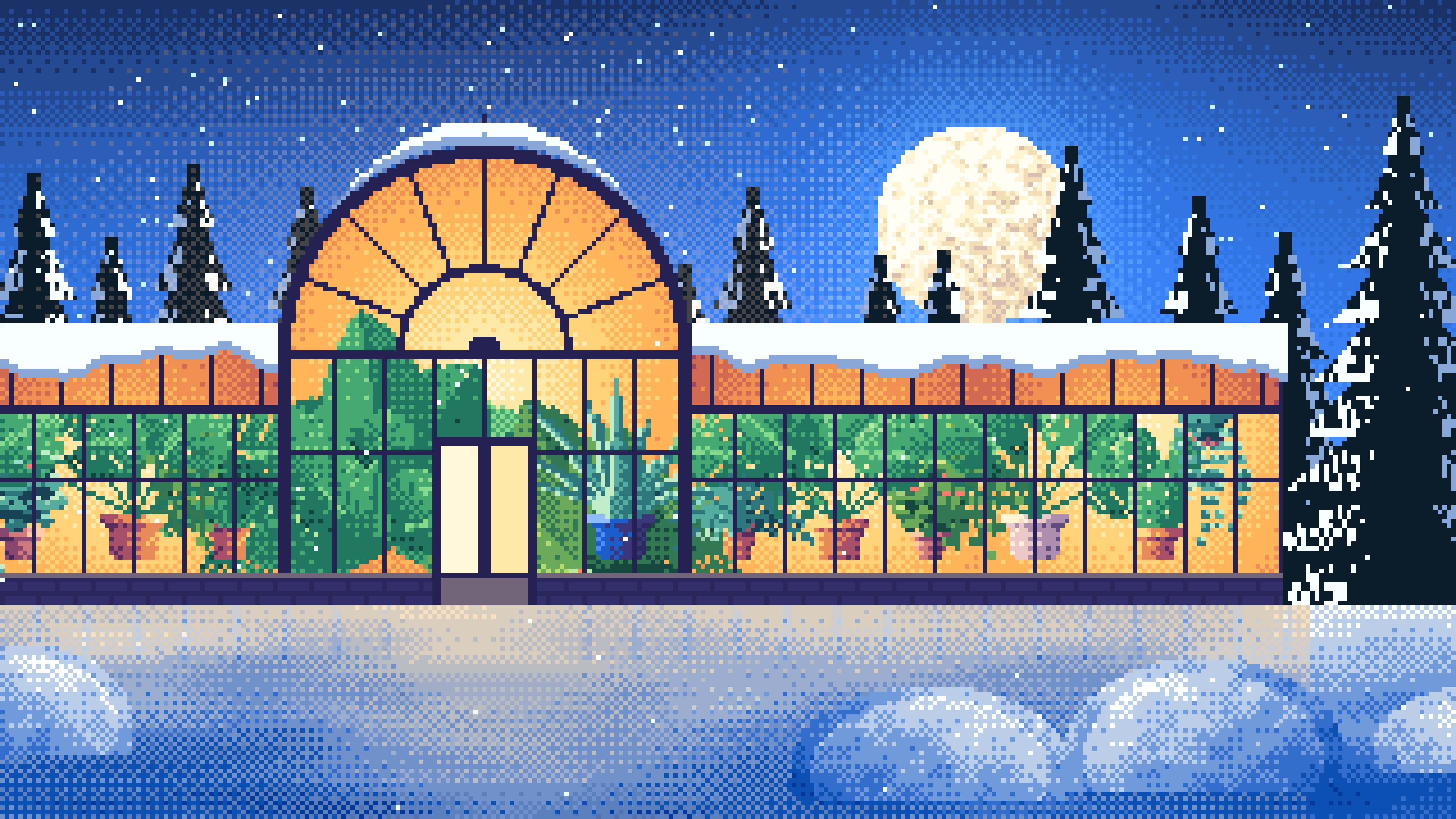 Blue Pixel Art Greenhouse in a Snowy Garden desktop wallpaper in 4K