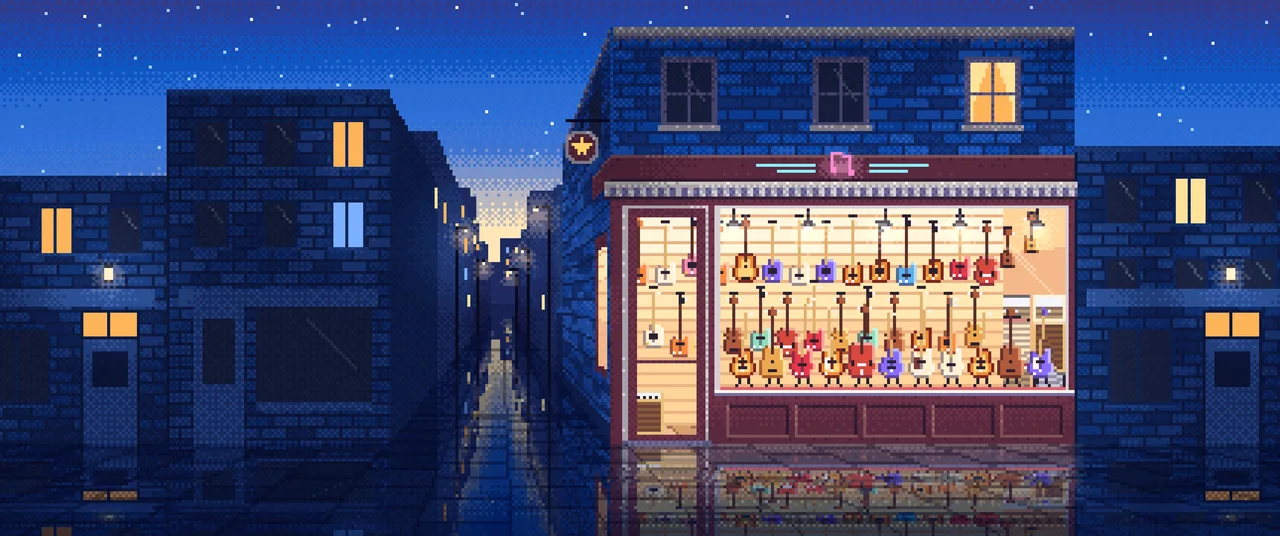 Blue Pixel Art Guitar Store ultrawide wallpaper, 3440 × 1440