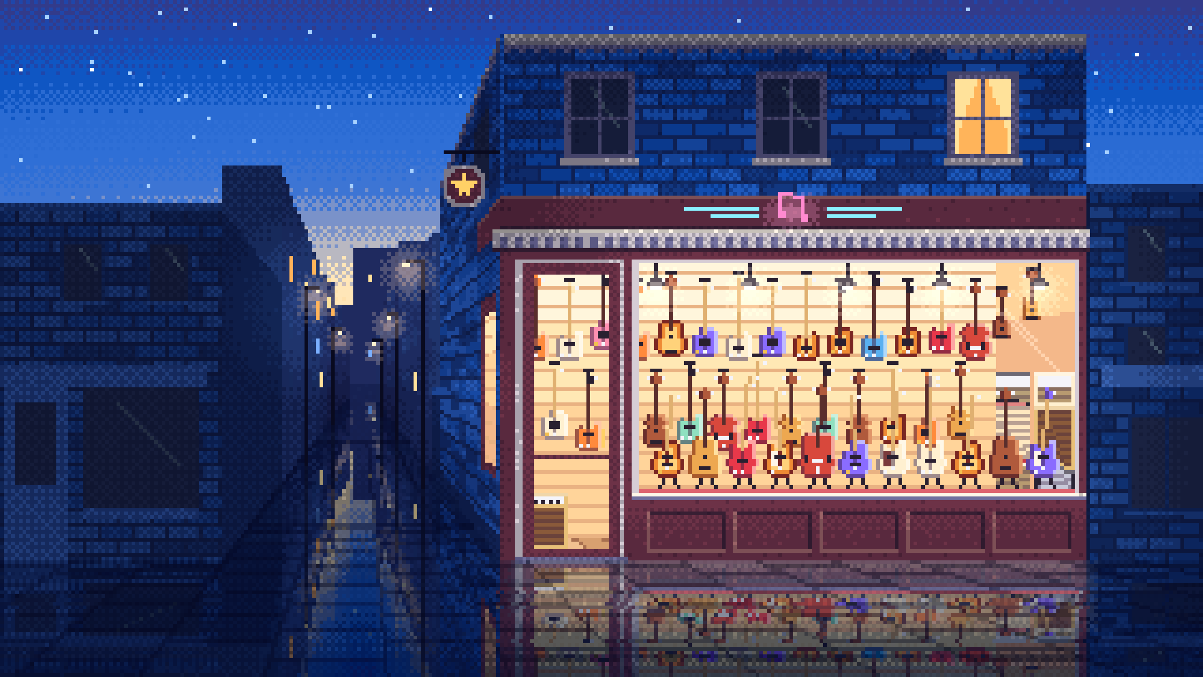 Blue Pixel Art Guitar Store desktop wallpaper in 4K