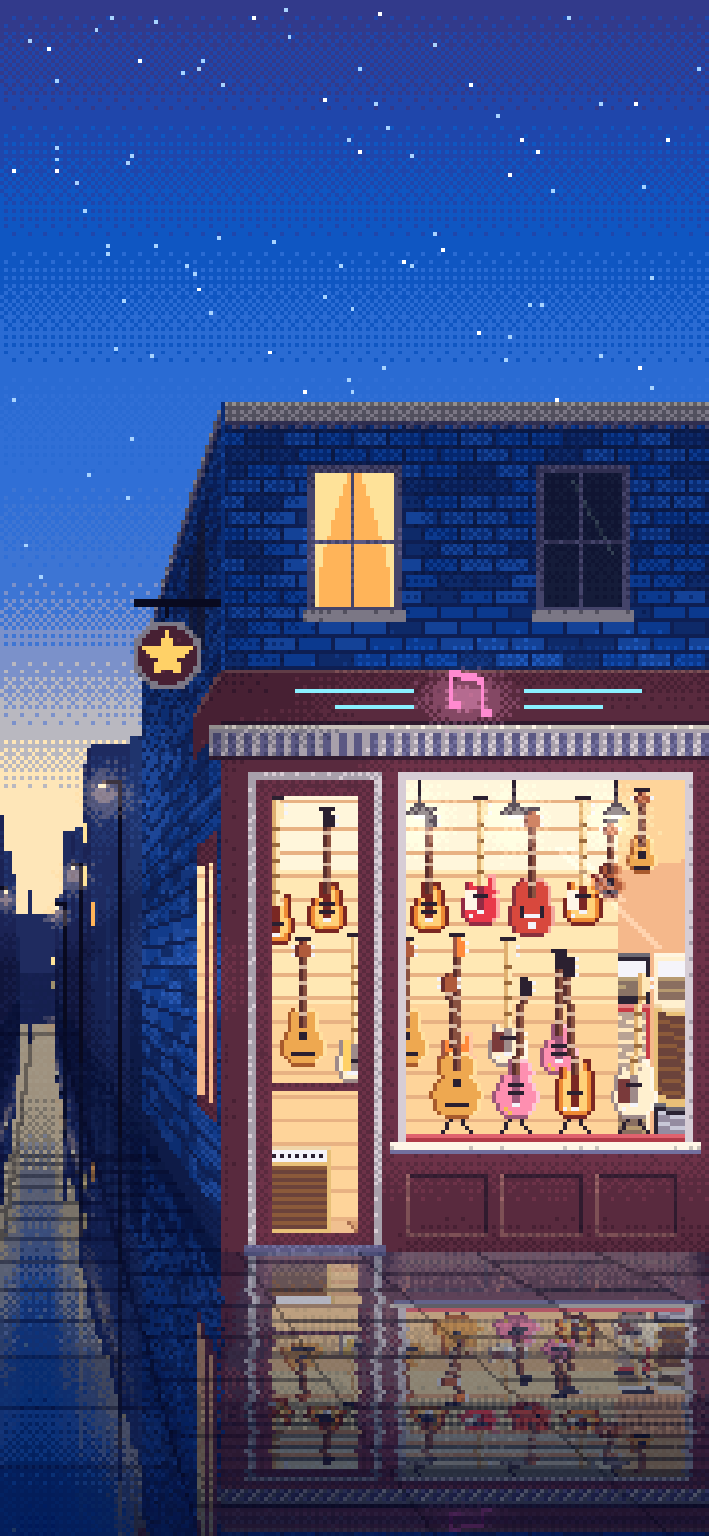 Blue Pixel Art Guitar Store wallpaper for iPhone and Android