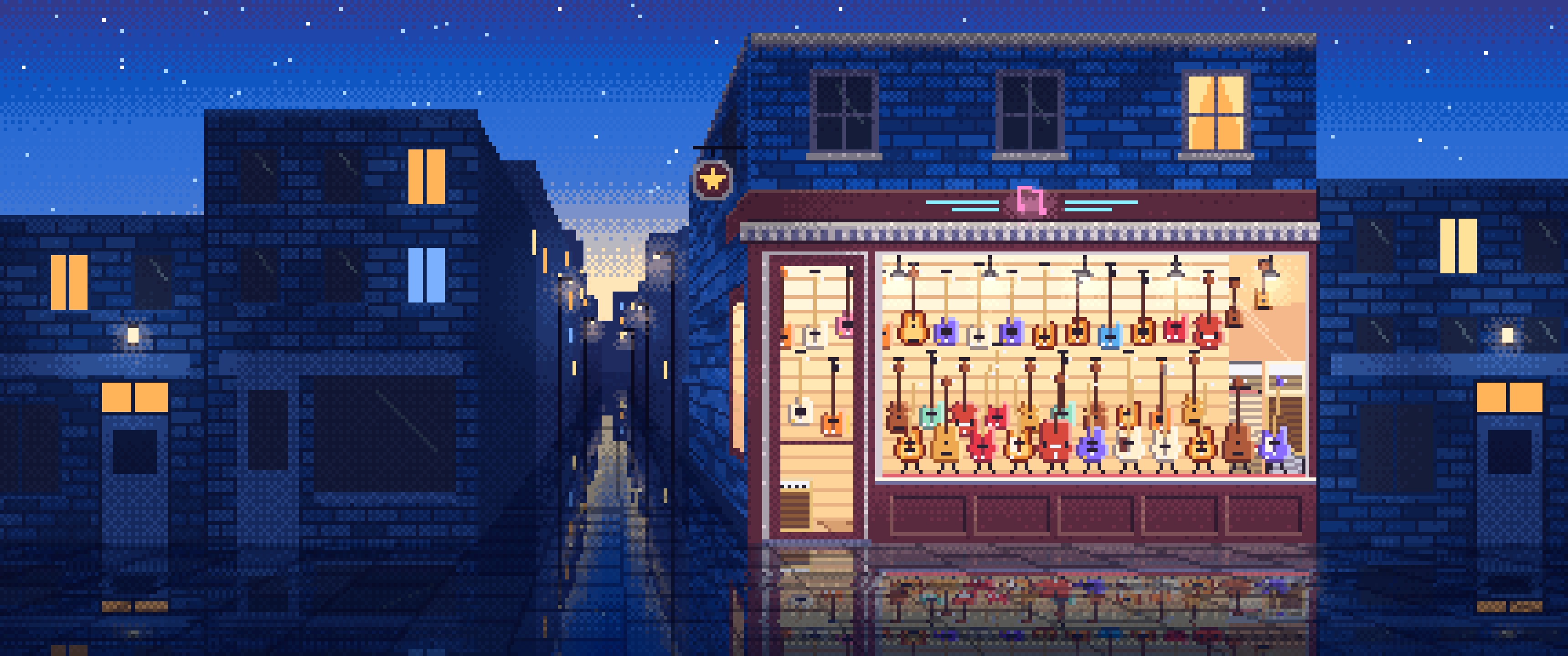 Blue Pixel Art Guitar Store ultrawide wallpaper, 3440 × 1440