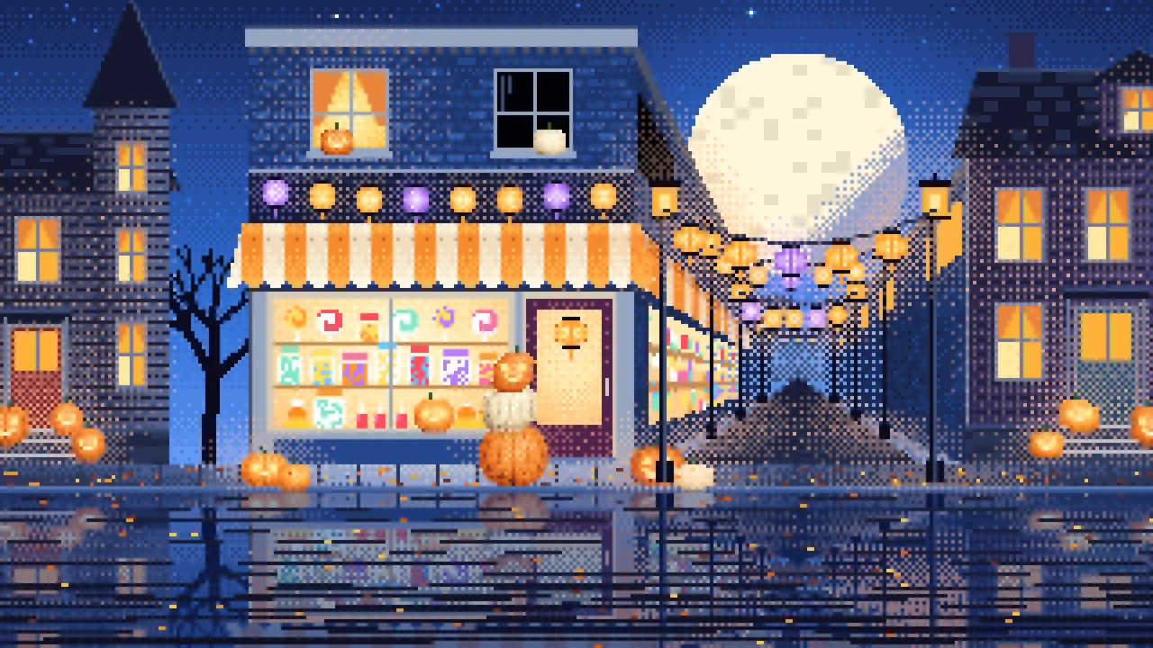 Blue Pixel Art Halloween Candy Shop at Night desktop wallpaper in 4K