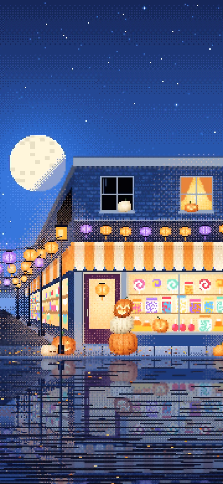 Blue Pixel Art Halloween Candy Shop at Night wallpaper for iPhone and Android