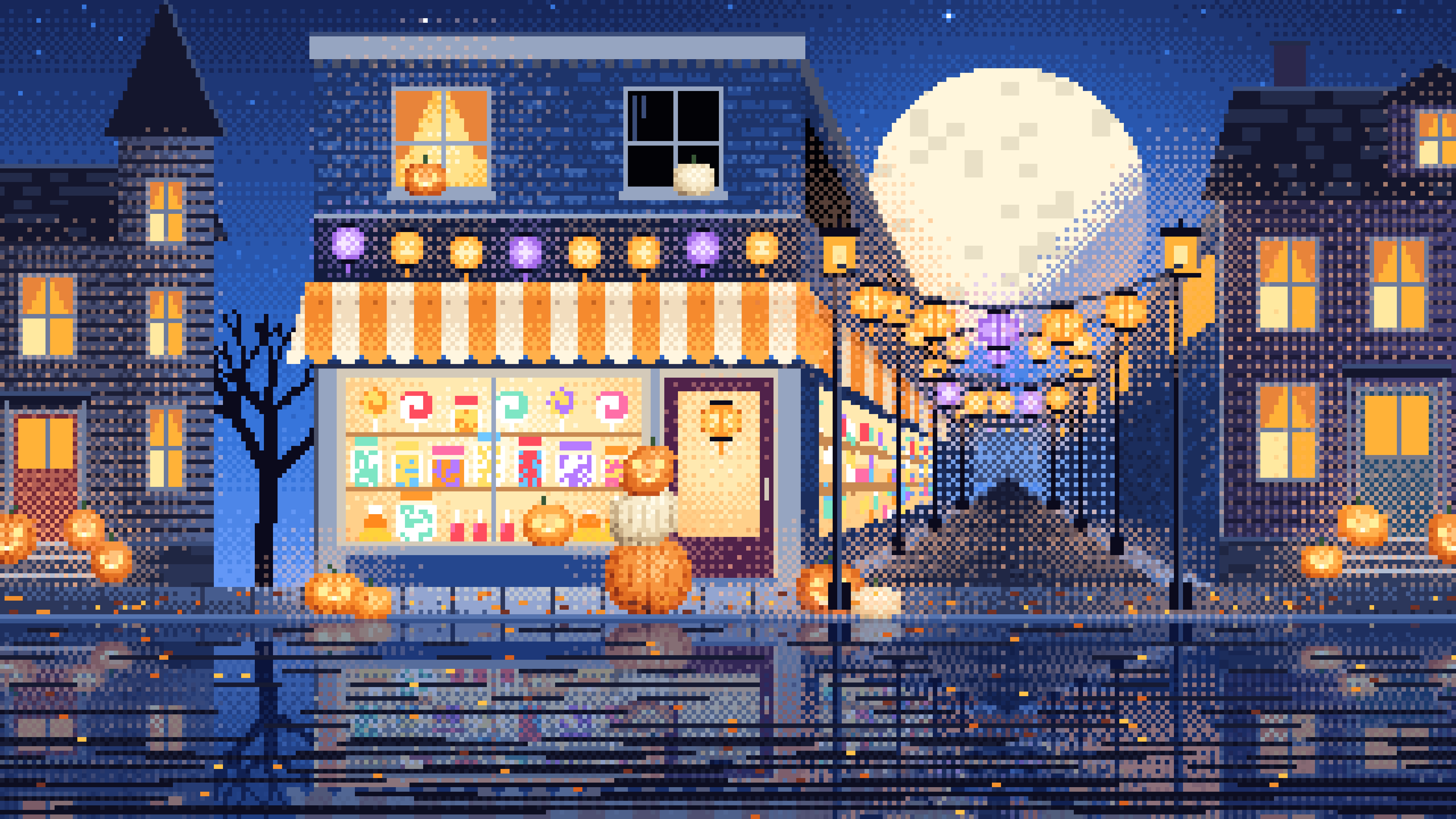 Blue Pixel Art Halloween Candy Shop at Night desktop wallpaper in 4K