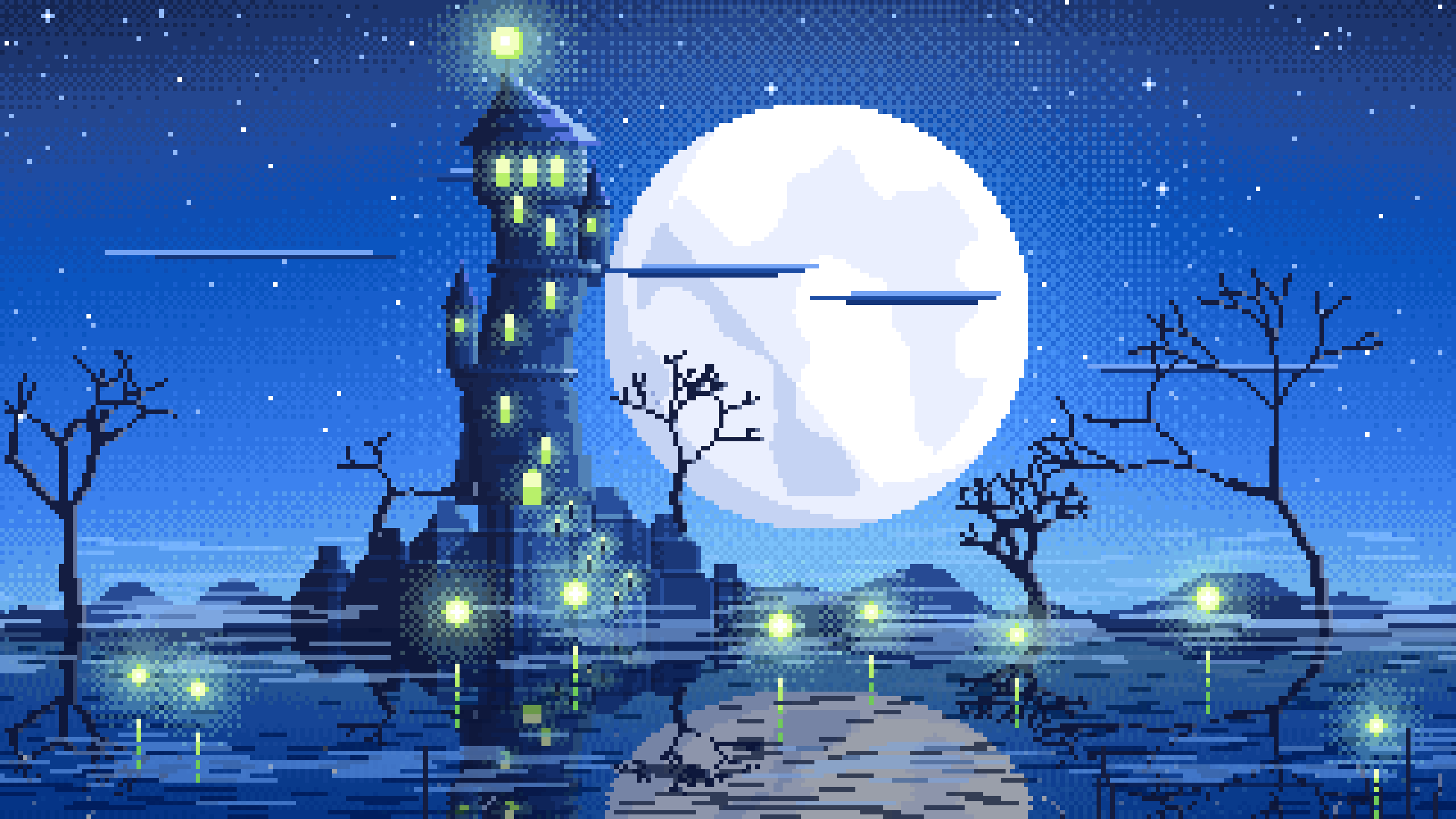 Blue Pixel Art Halloween Fantasy Castle in a Swamp desktop wallpaper in 4K