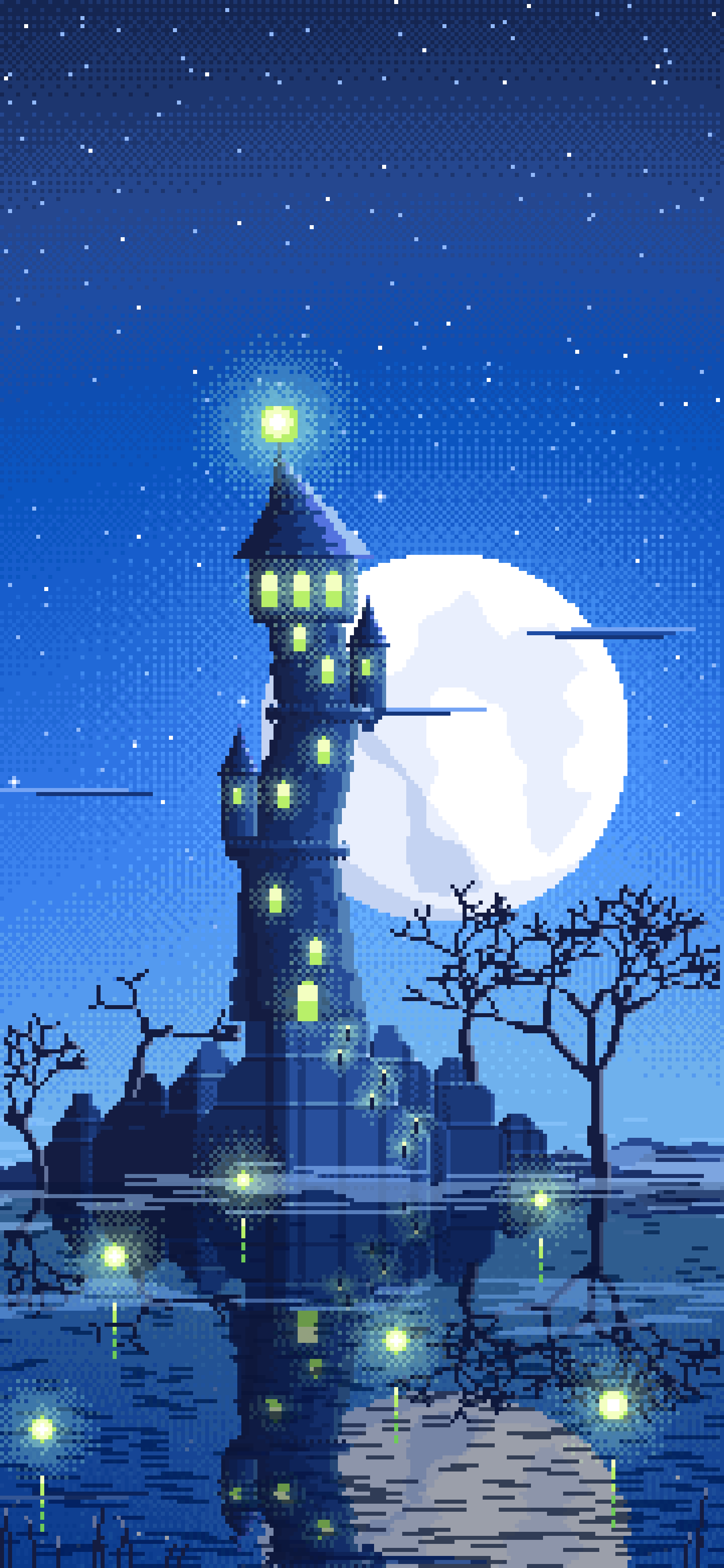 Blue Pixel Art Halloween Fantasy Castle in a Swamp wallpaper for iPhone and Android