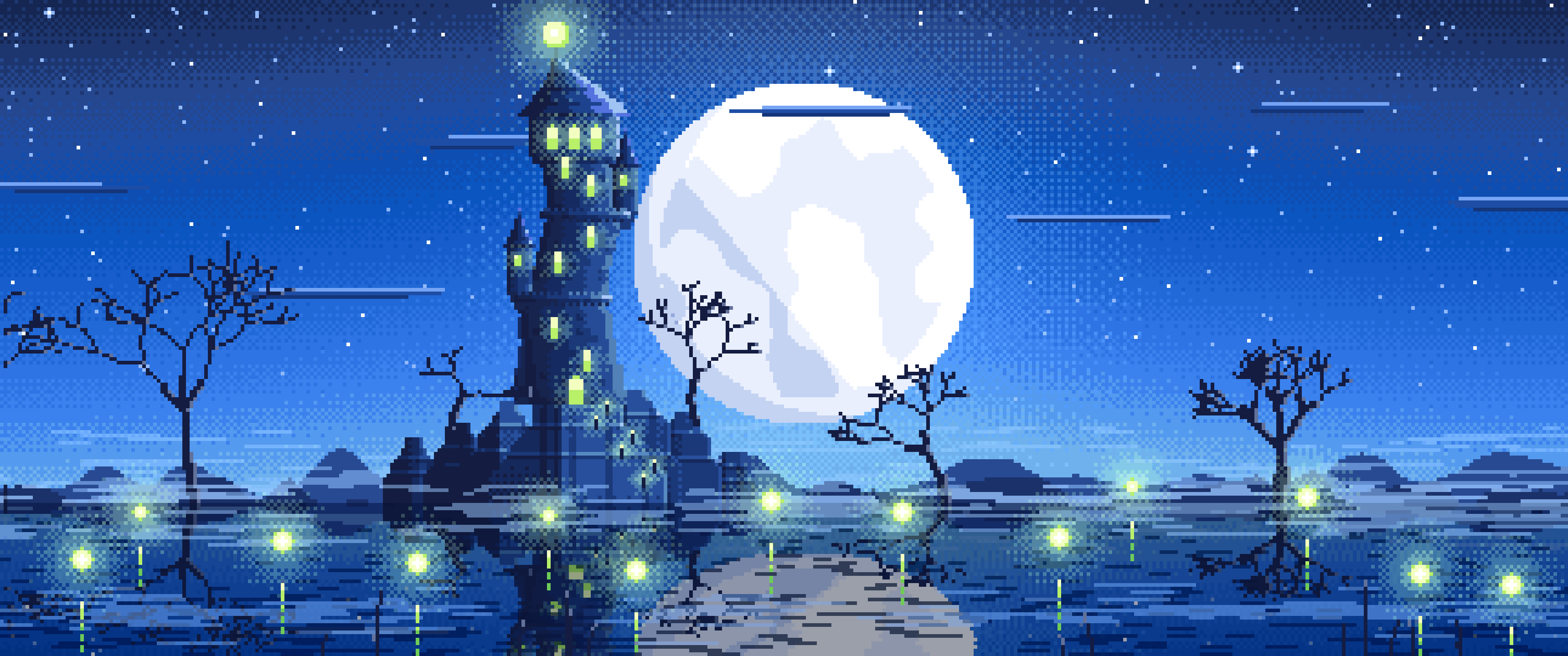 Blue Pixel Art Halloween Fantasy Castle in a Swamp ultrawide wallpaper, 3440 × 1440