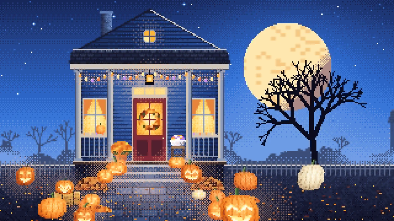 Blue Pixel Art Halloween Front Porch at Night desktop wallpaper in 4K
