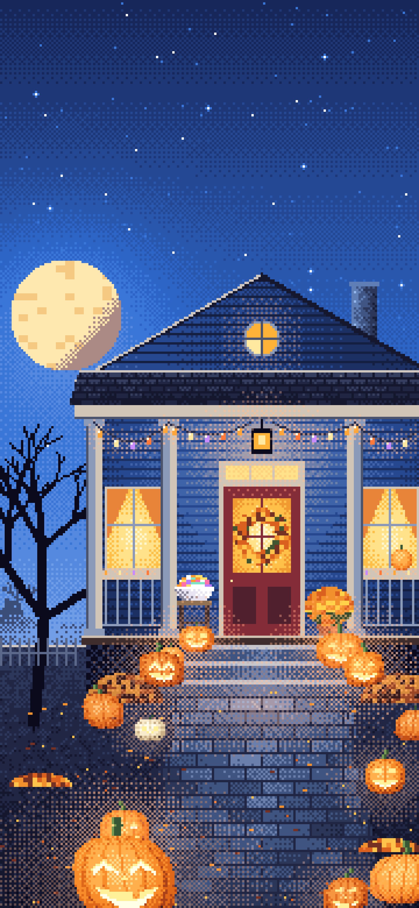 Blue Pixel Art Halloween Front Porch at Night wallpaper for iPhone and Android