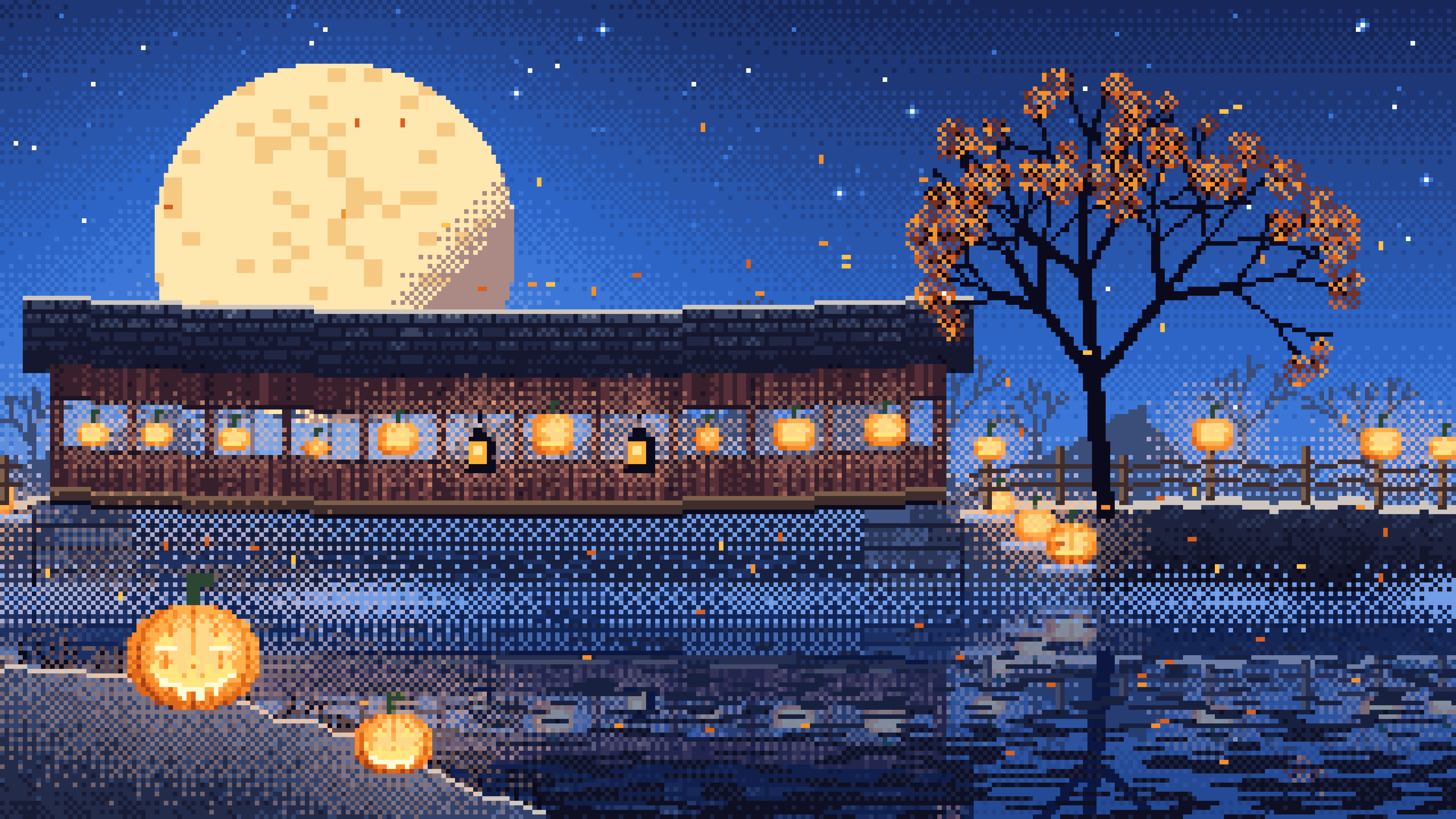 Blue Pixel Art Halloween Pumpkin Bridge at Night desktop wallpaper in 4K