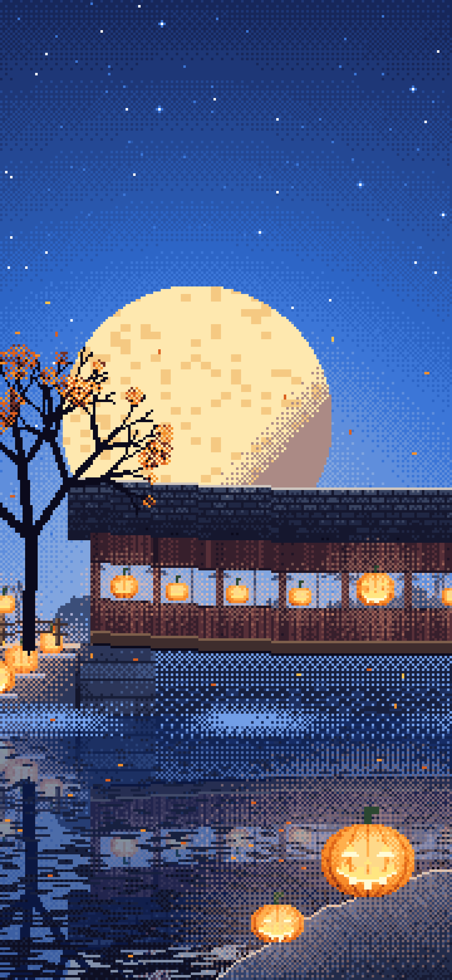 Blue Pixel Art Halloween Pumpkin Bridge at Night wallpaper for iPhone and Android