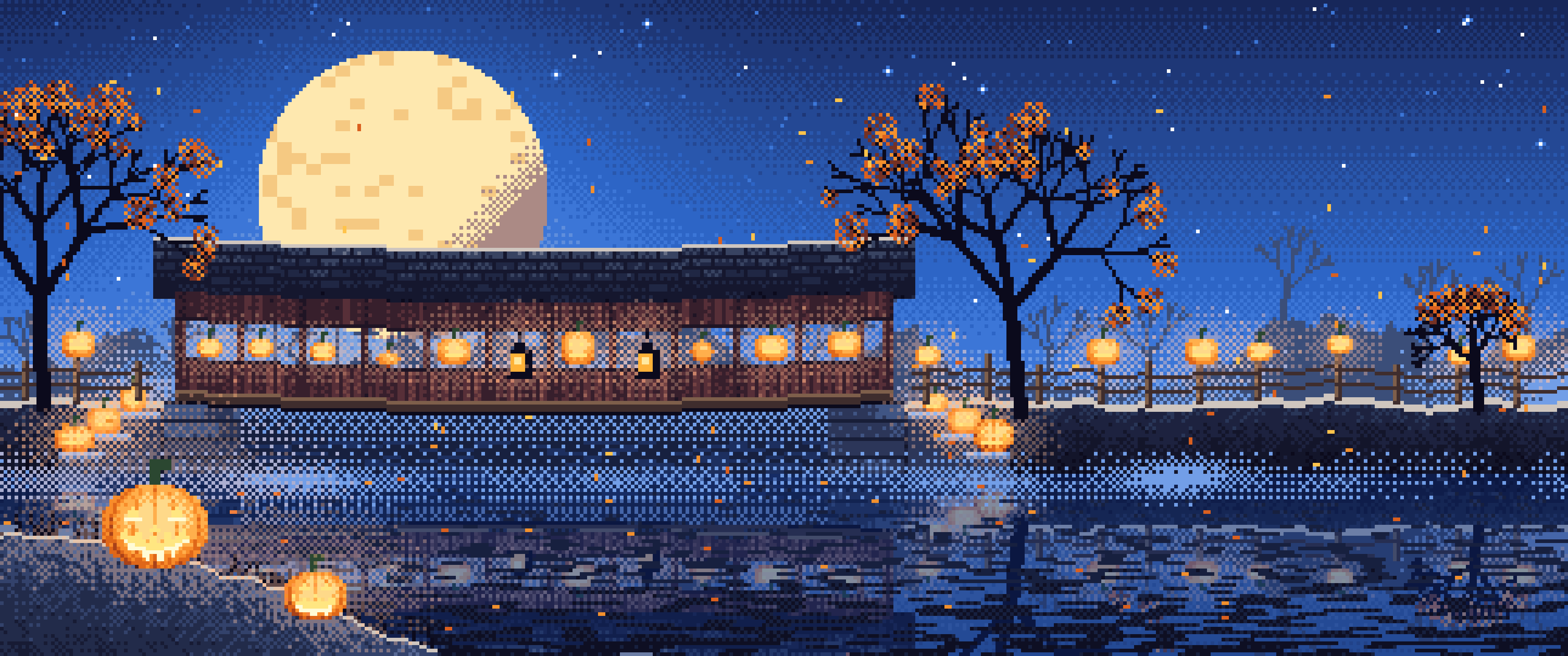 Blue Pixel Art Halloween Pumpkin Bridge at Night ultrawide wallpaper, 3440 × 1440