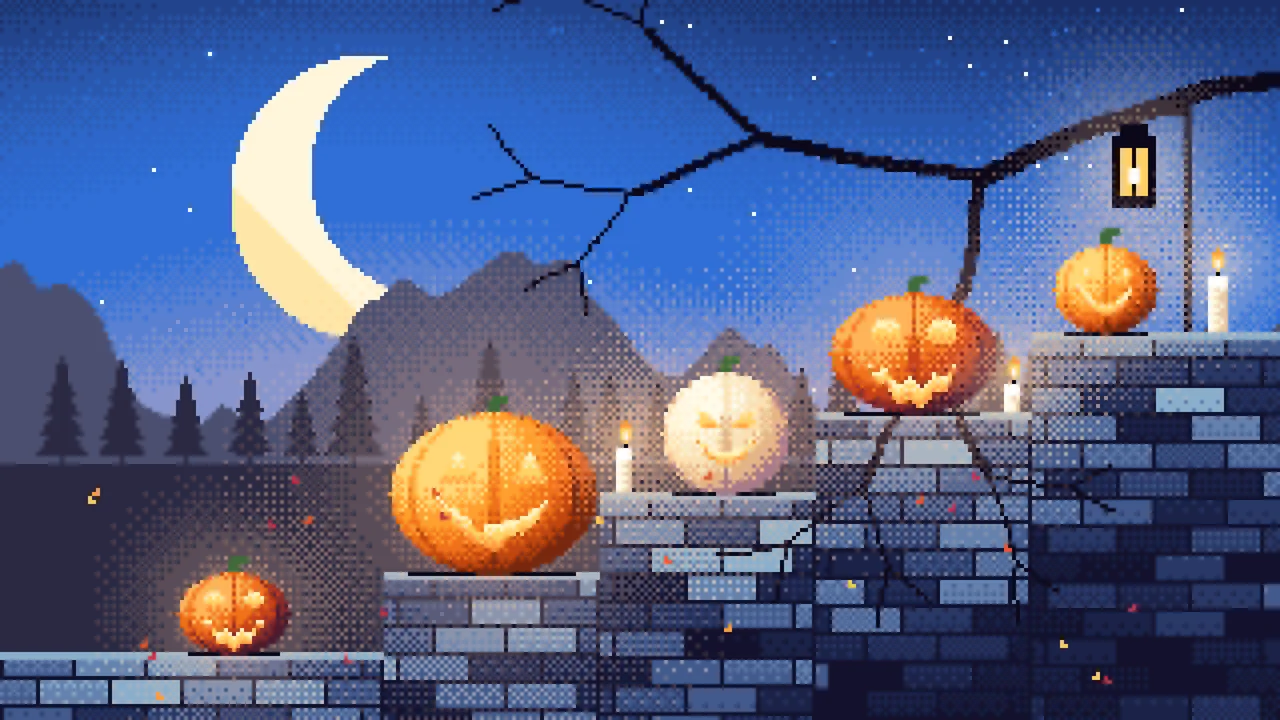 Blue Pixel Art Halloween Steps desktop wallpaper in 4K