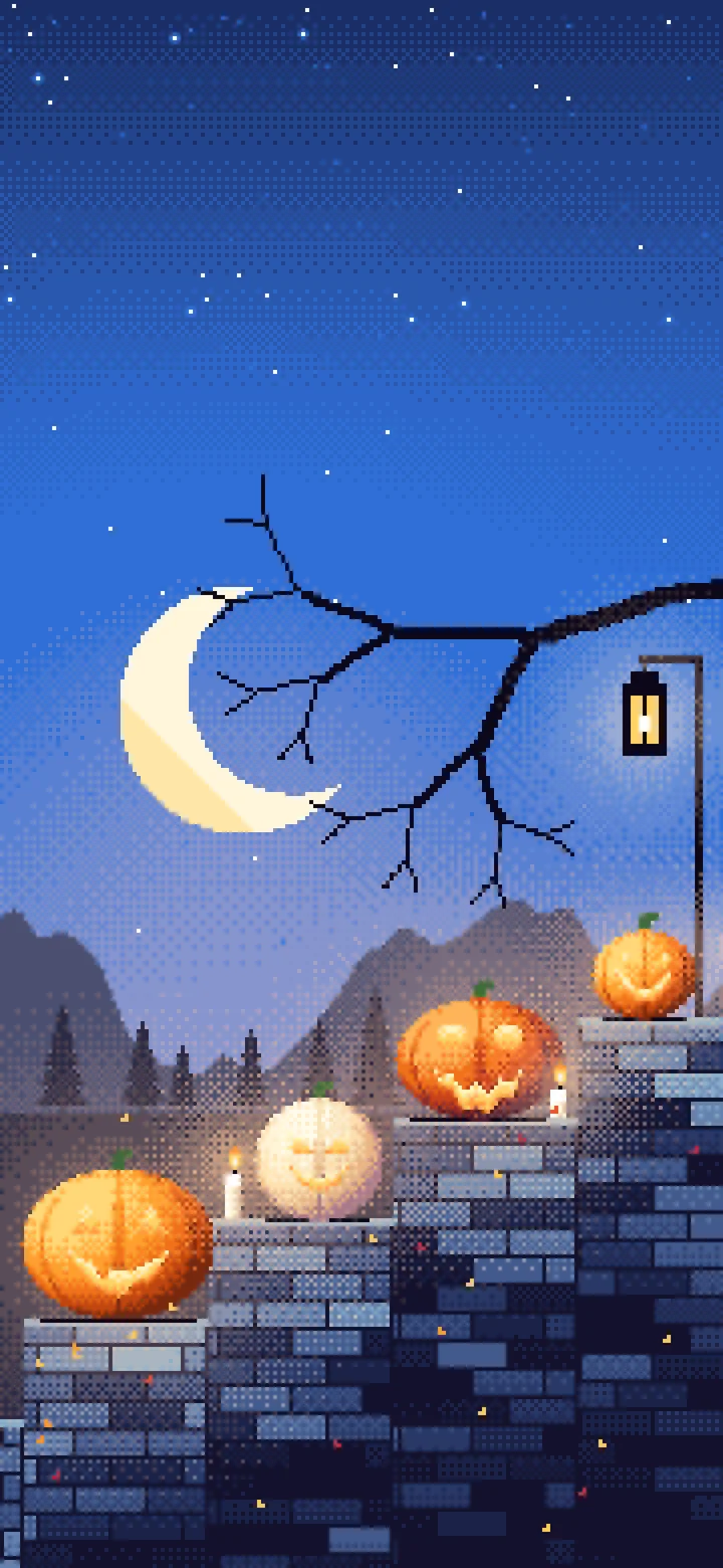 Blue Pixel Art Halloween Steps wallpaper for iPhone and Android