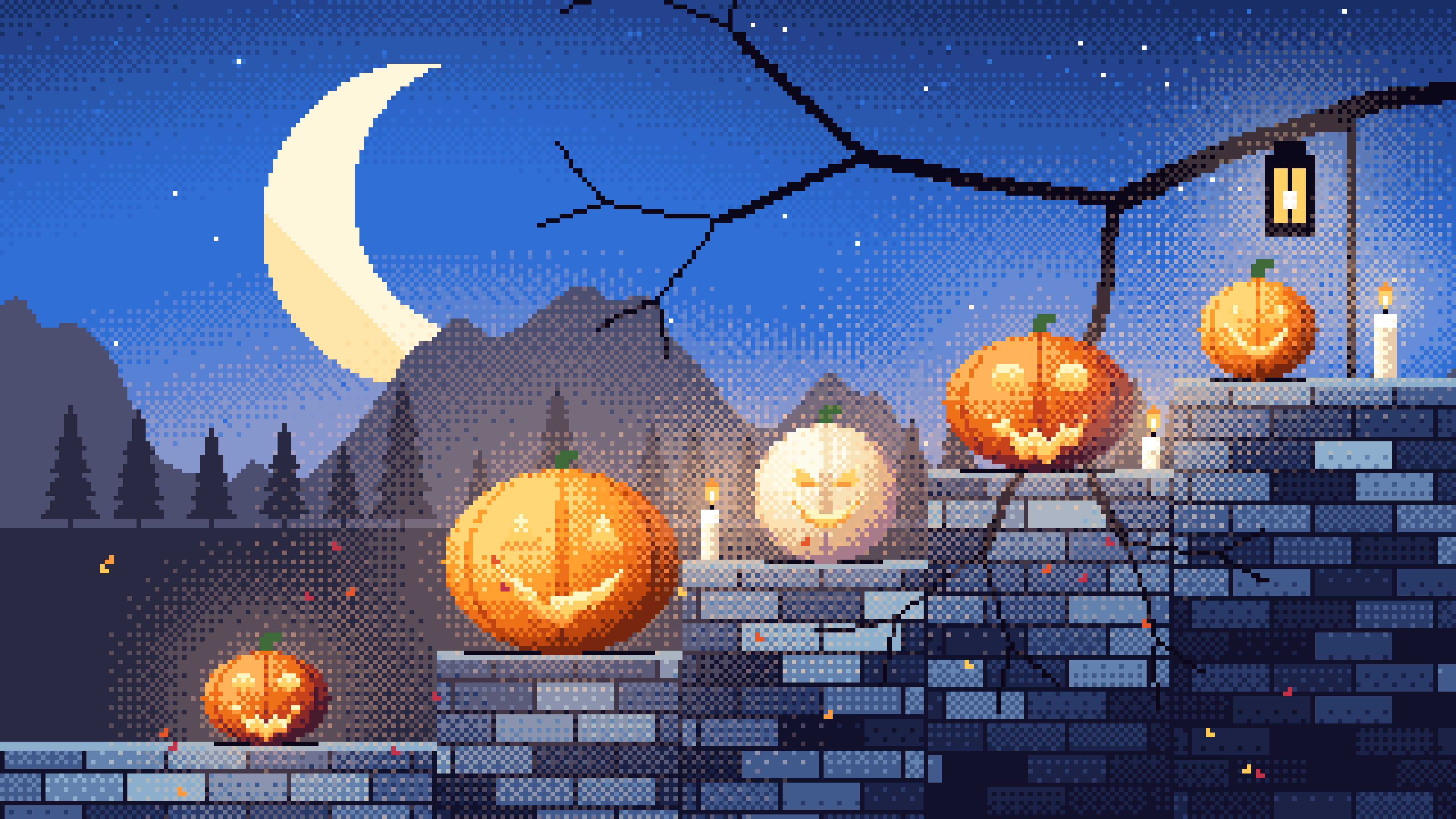 Blue Pixel Art Halloween Steps desktop wallpaper in 4K
