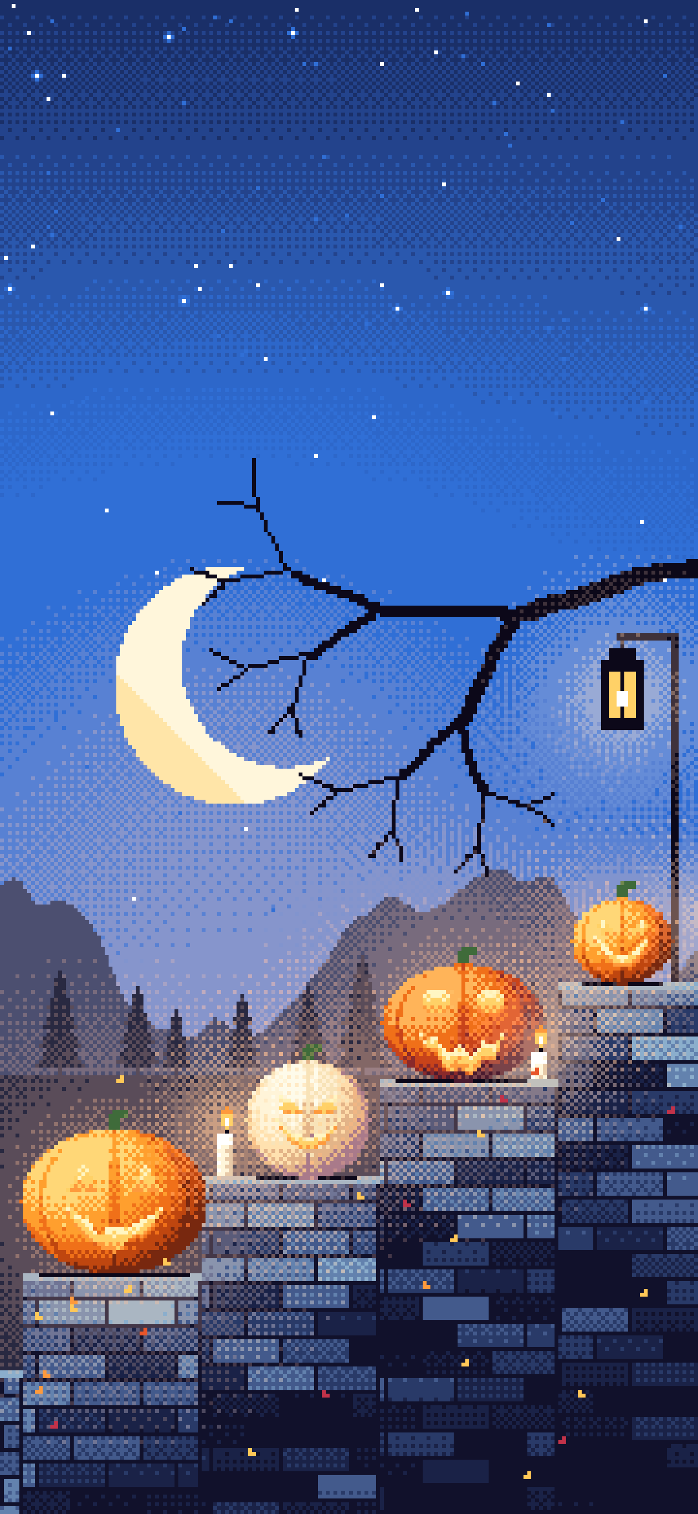 Blue Pixel Art Halloween Steps wallpaper for iPhone and Android