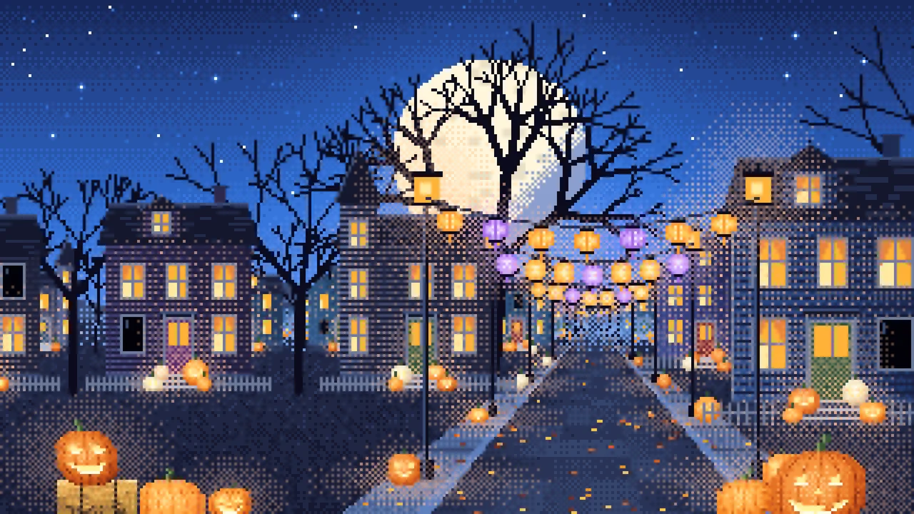 Blue Pixel Art Halloween Town Street at Night desktop wallpaper in 4K