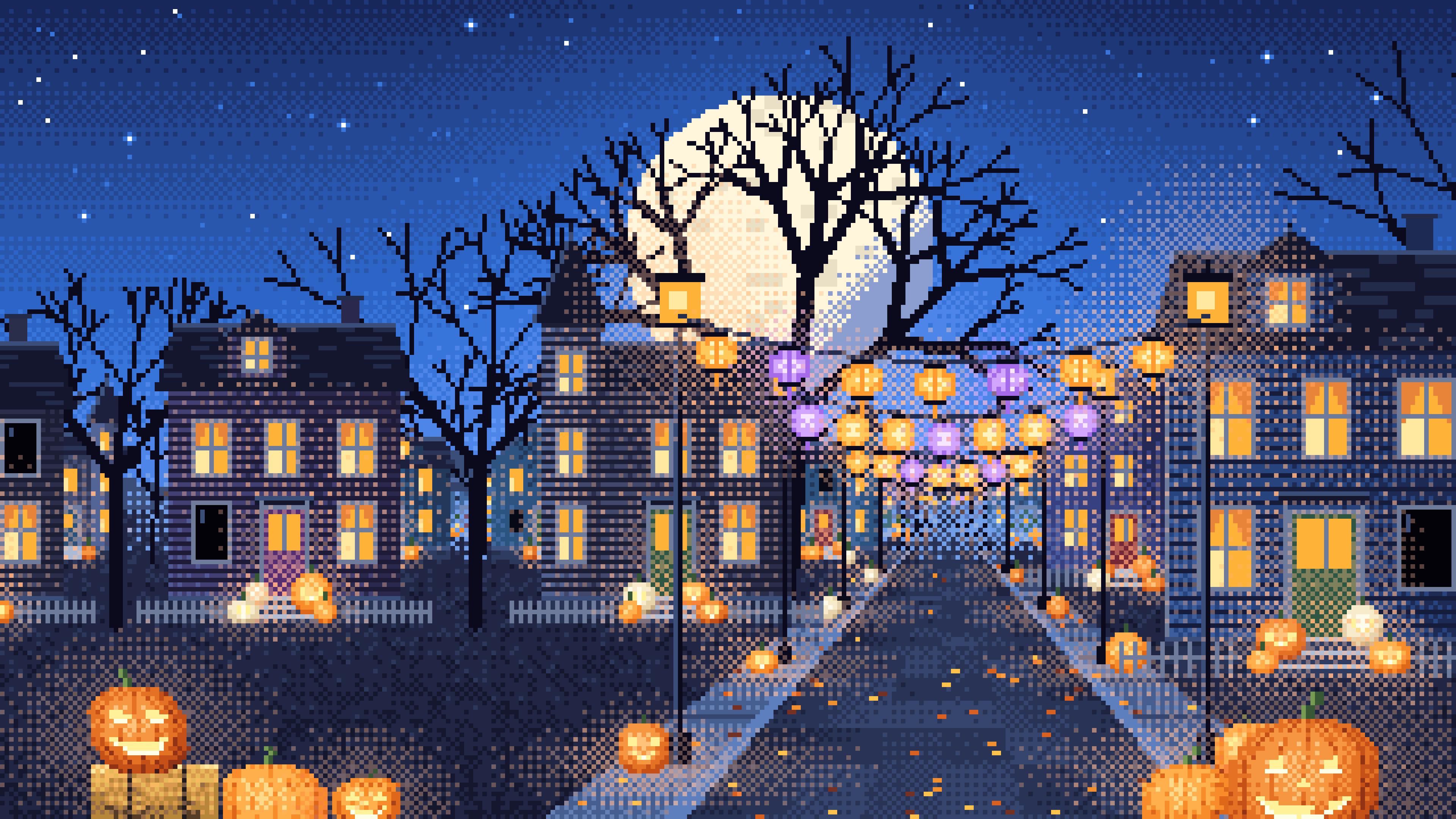 Blue Pixel Art Halloween Town Street at Night desktop wallpaper in 4K