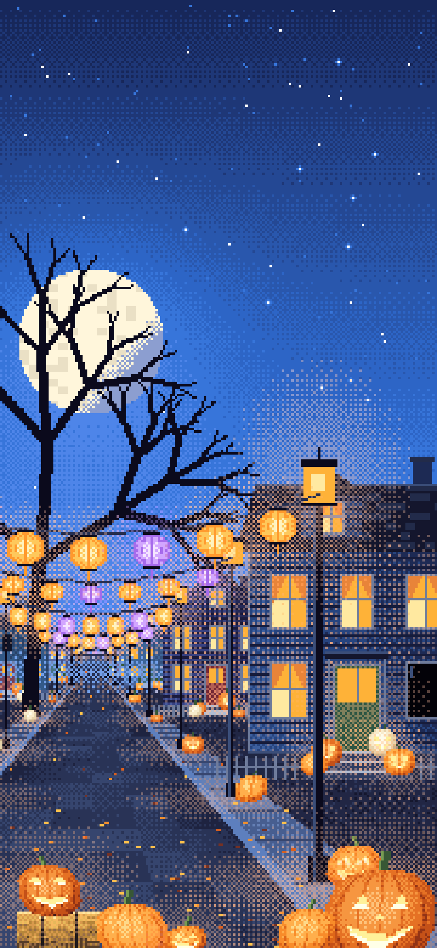 Blue Pixel Art Halloween Town Street at Night wallpaper for iPhone and Android