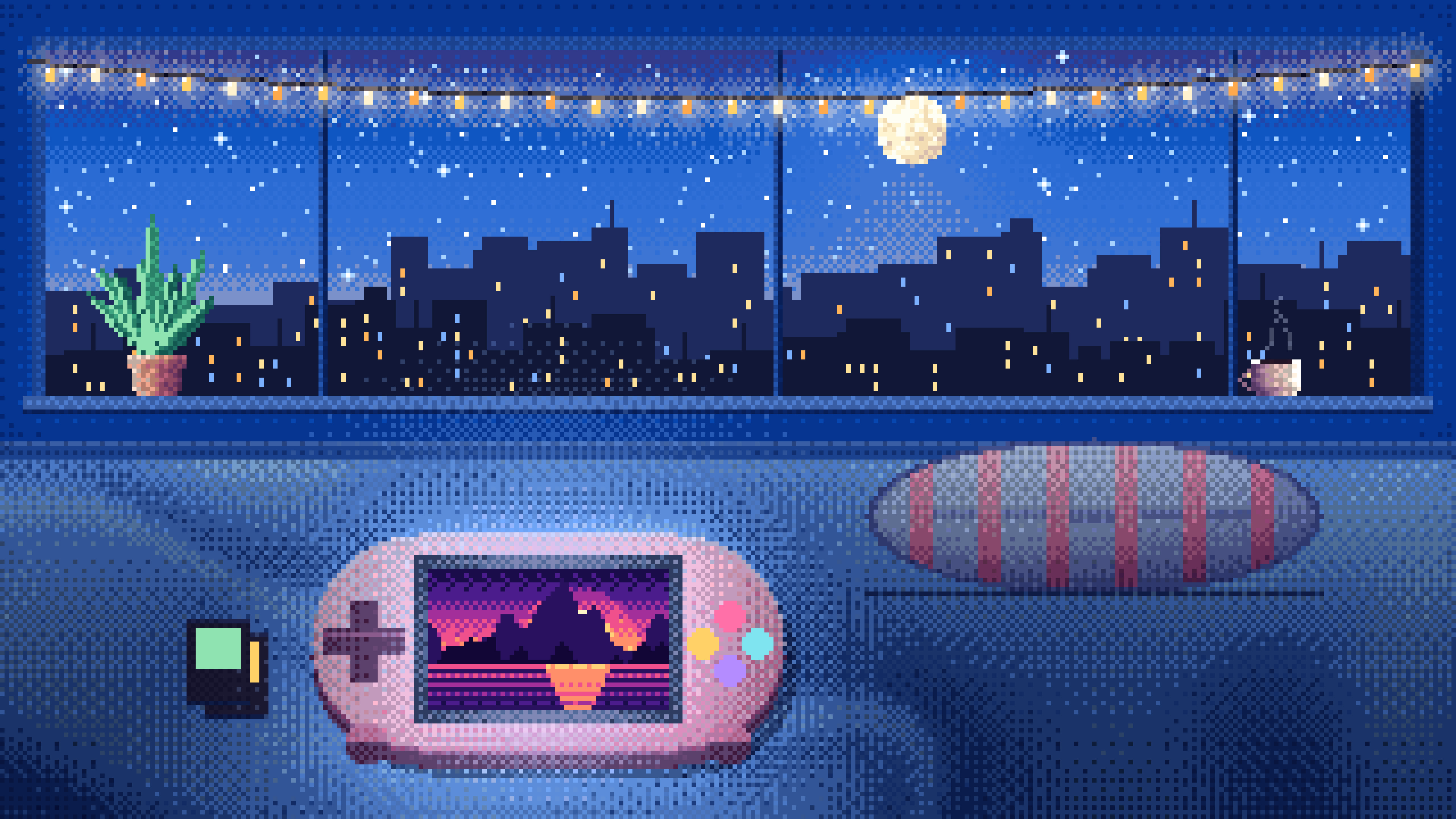 Blue Pixel Art Handheld Game Console desktop wallpaper in 4K