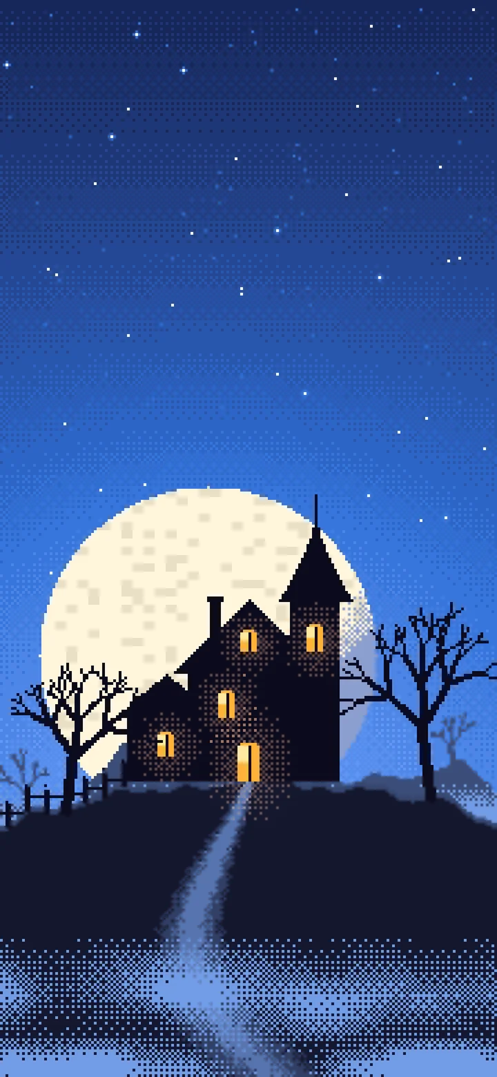 Blue Pixel Art Haunted House wallpaper for iPhone and Android