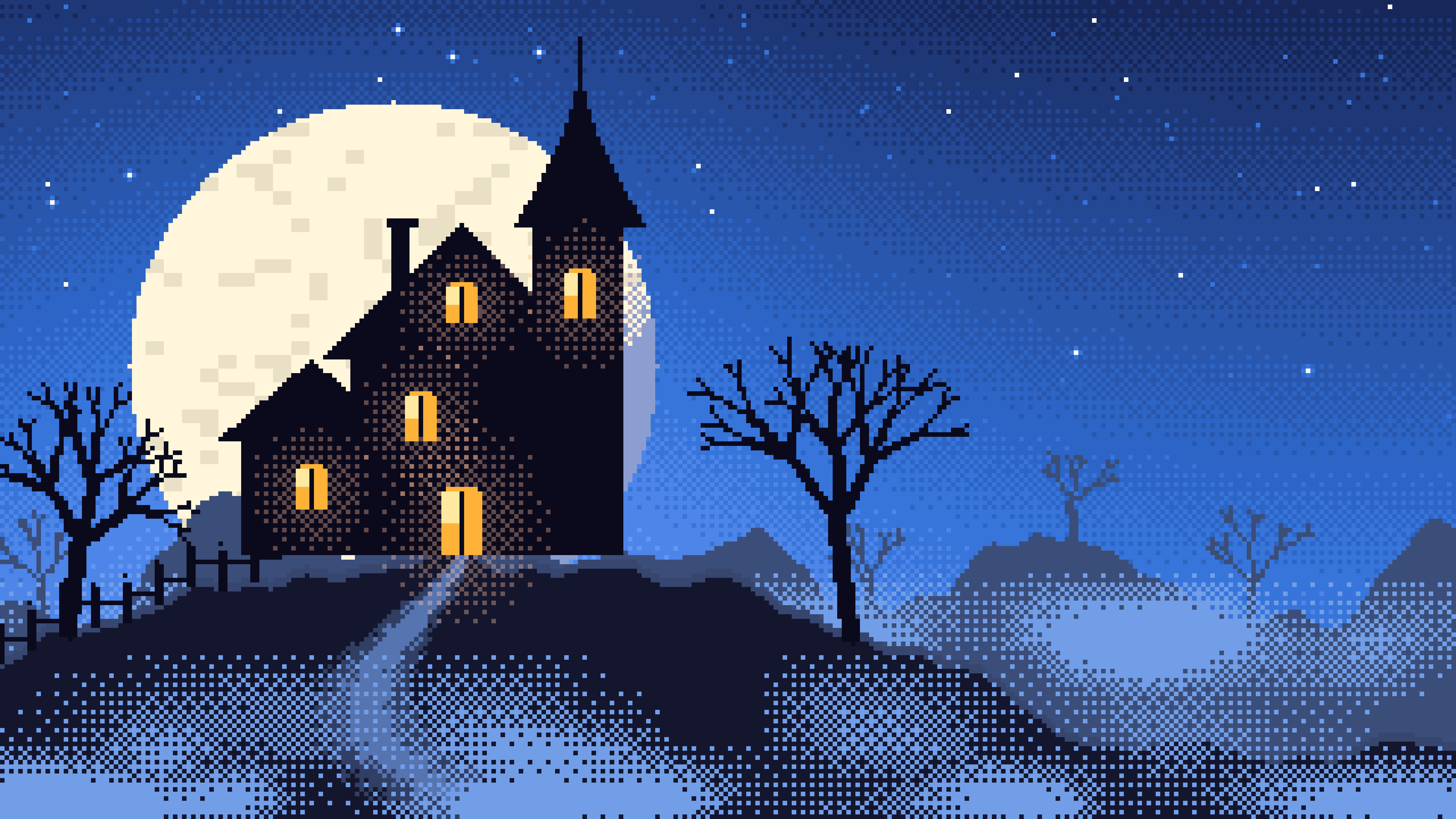Blue Pixel Art Haunted House desktop wallpaper in 4K