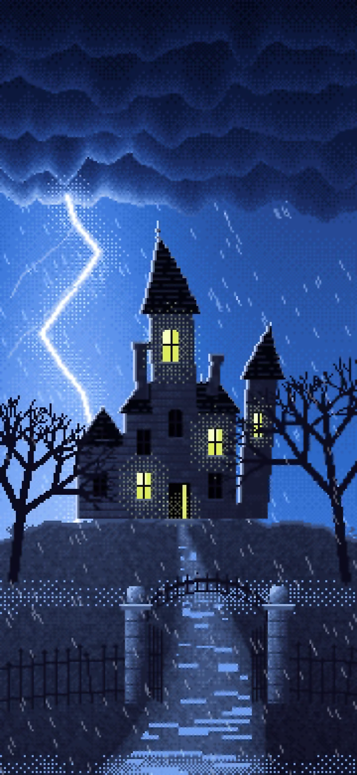 Blue Pixel Art Haunted Mansion in a Lightning Storm wallpaper for iPhone and Android