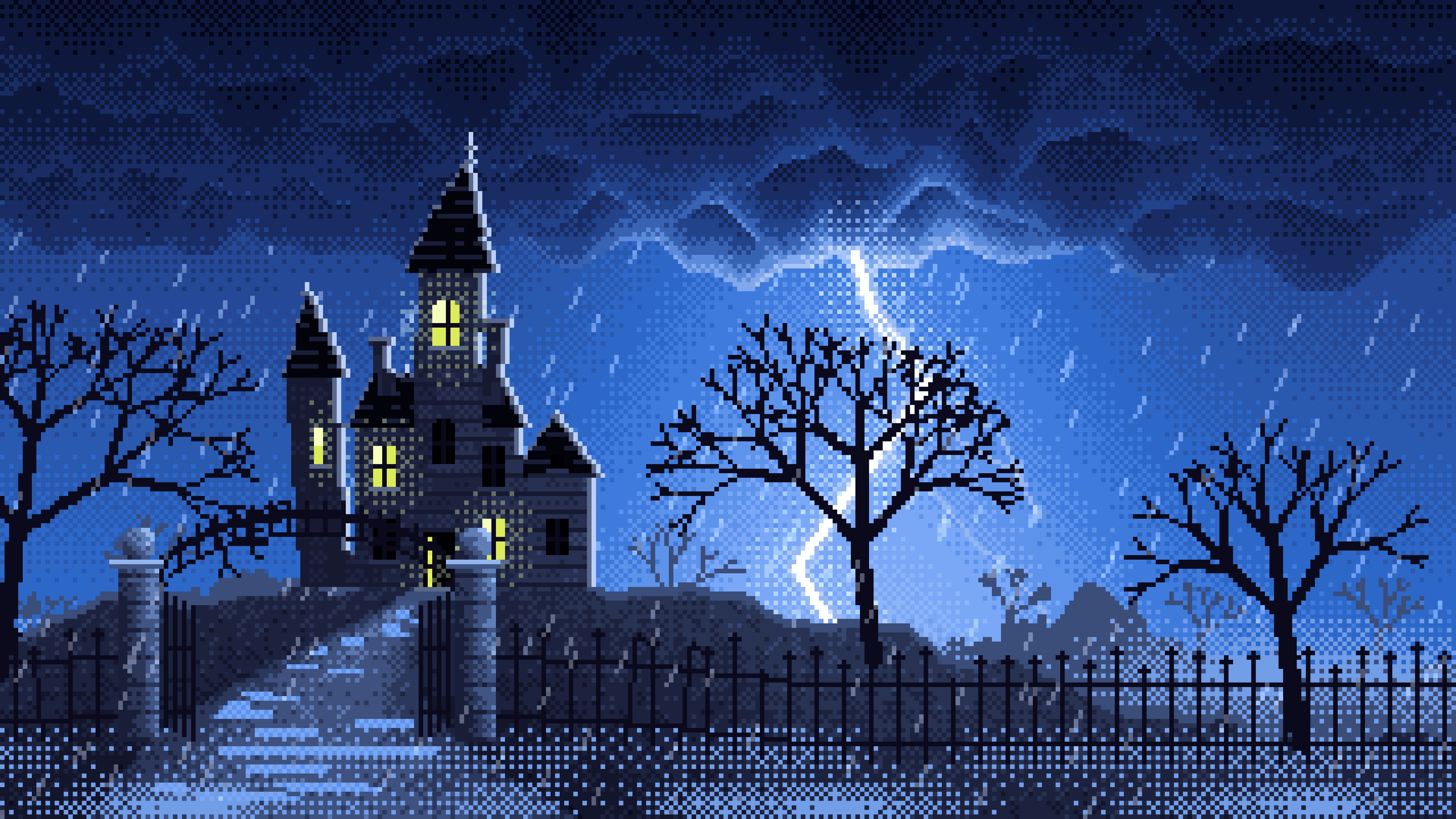 Blue Pixel Art Haunted Mansion in a Lightning Storm desktop wallpaper in 4K