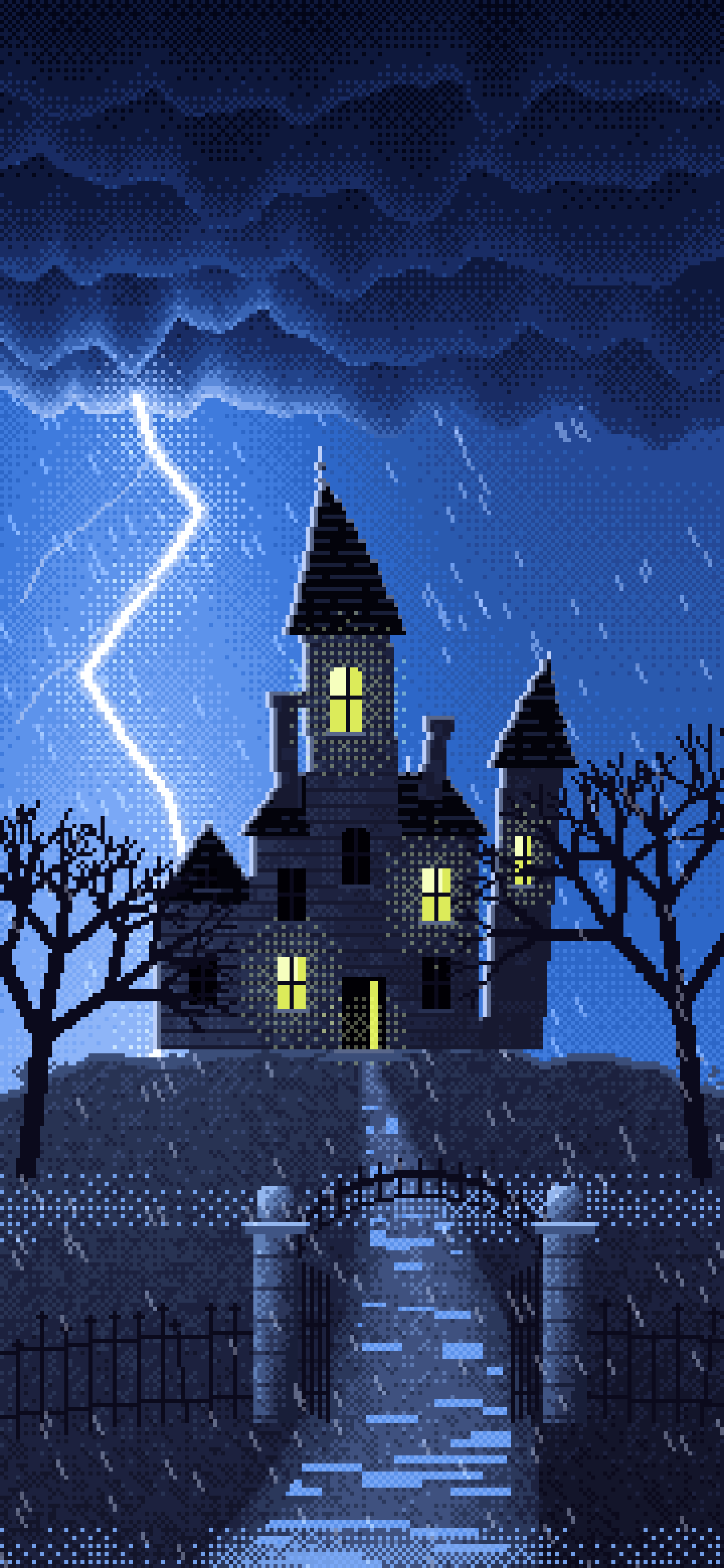 Blue Pixel Art Haunted Mansion in a Lightning Storm wallpaper for iPhone and Android