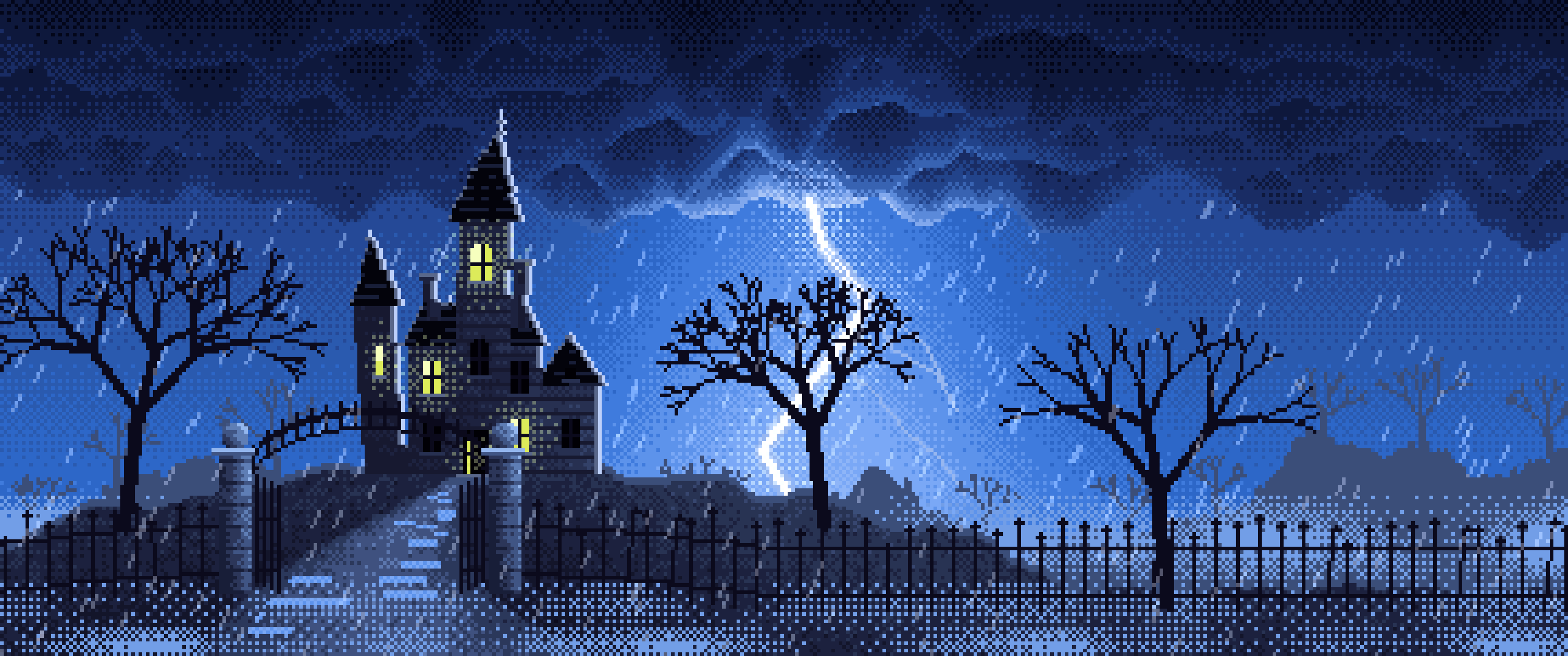 Blue Pixel Art Haunted Mansion in a Lightning Storm ultrawide wallpaper, 3440 × 1440