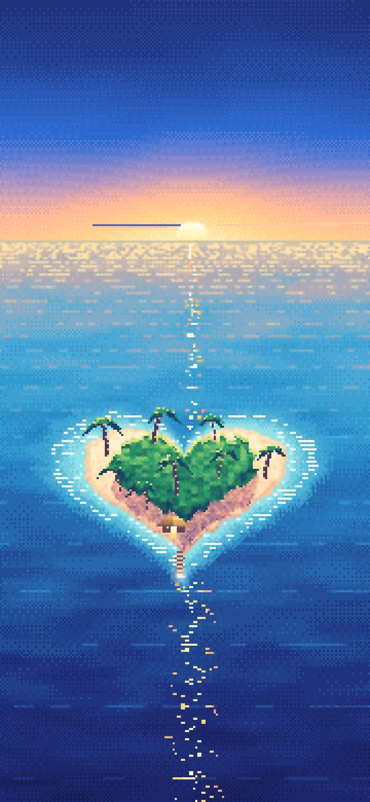 Blue Pixel Art Heart Island at Sunset wallpaper for iPhone and Android