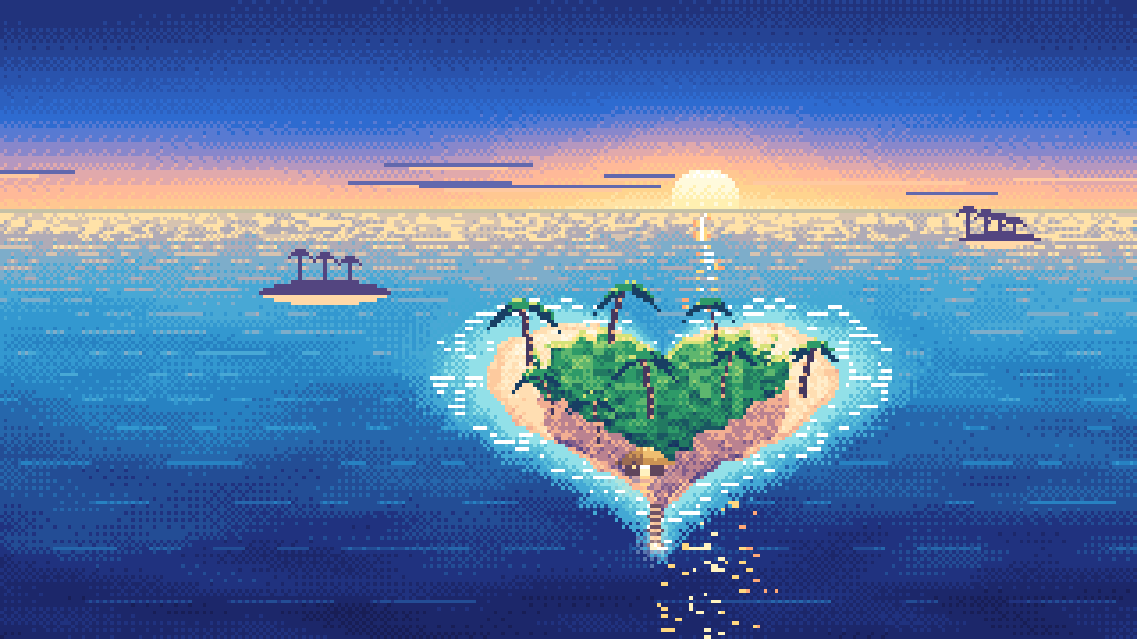 Blue Pixel Art Heart Island at Sunset desktop wallpaper in 4K