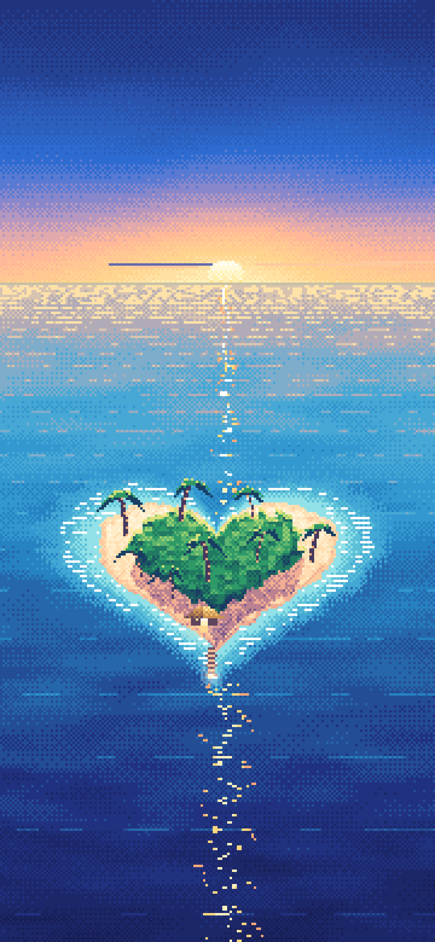 Blue Pixel Art Heart Island at Sunset wallpaper for iPhone and Android