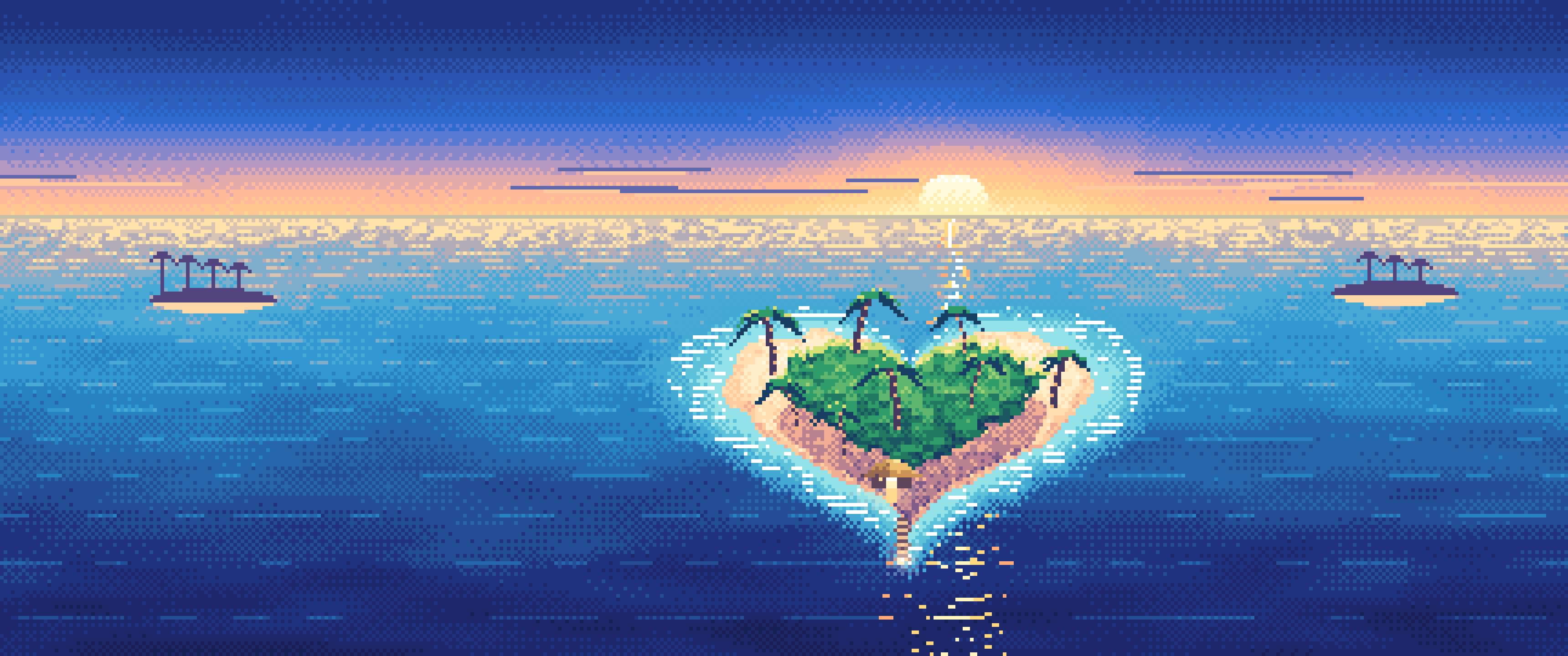 Blue Pixel Art Heart Island at Sunset ultrawide wallpaper, 3440 × 1440