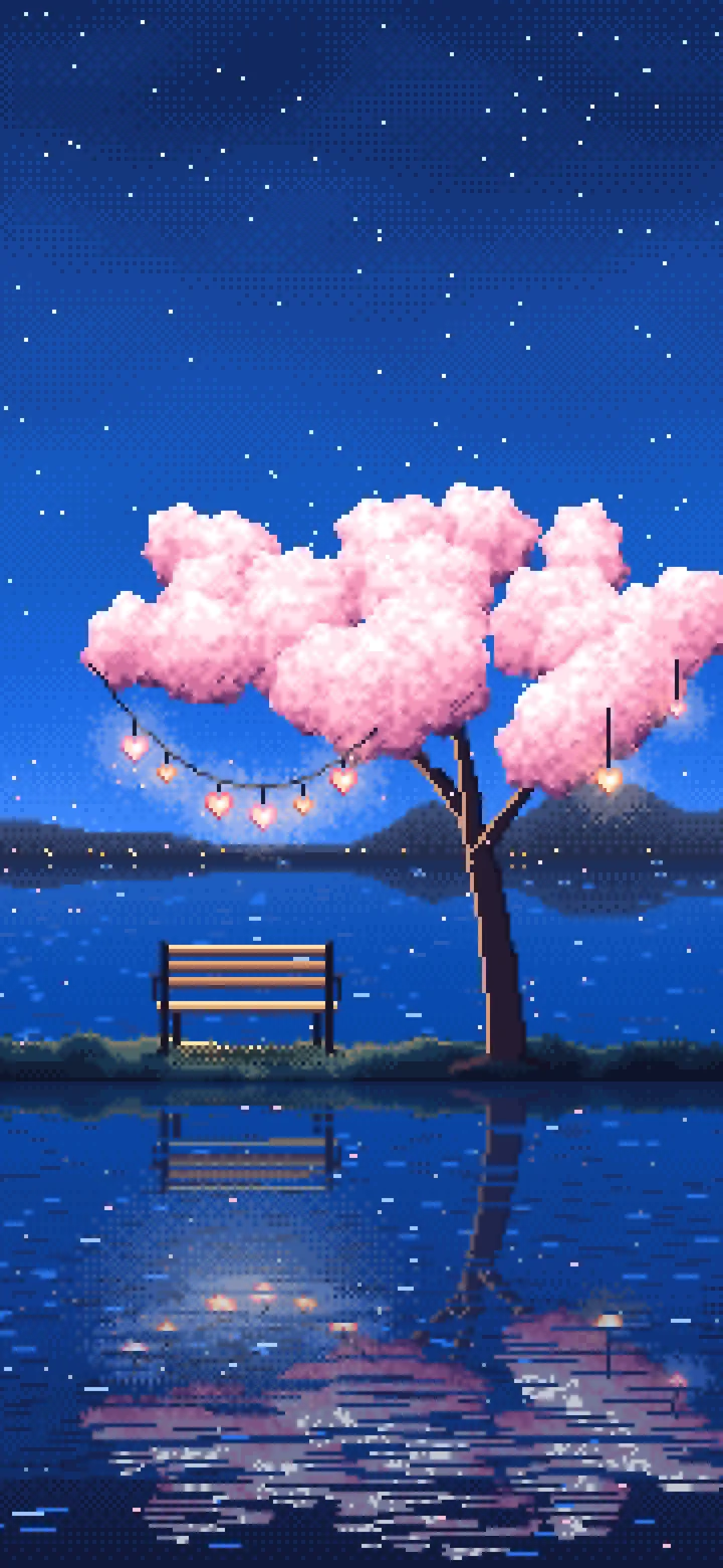 Blue Pixel Art Heart Lanterns in a Blossom Tree by a Lake wallpaper for iPhone and Android