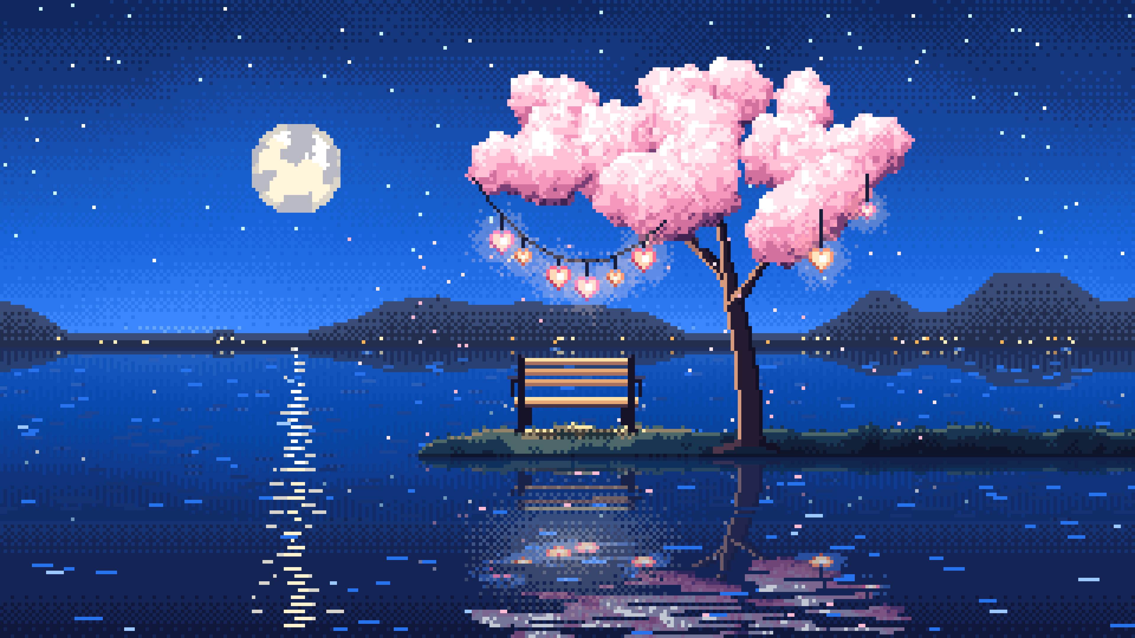 Blue Pixel Art Heart Lanterns in a Blossom Tree by a Lake desktop wallpaper in 4K