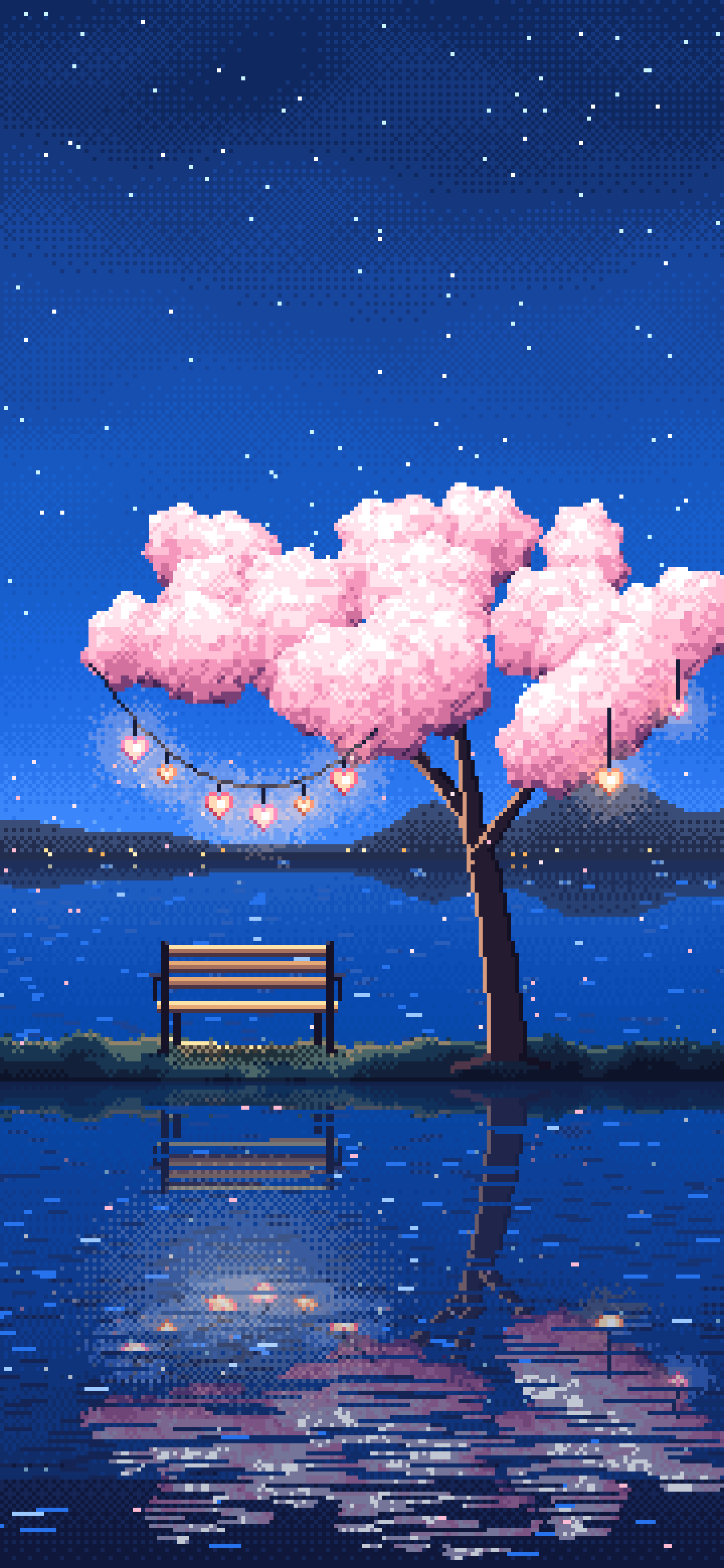 Blue Pixel Art Heart Lanterns in a Blossom Tree by a Lake wallpaper for iPhone and Android